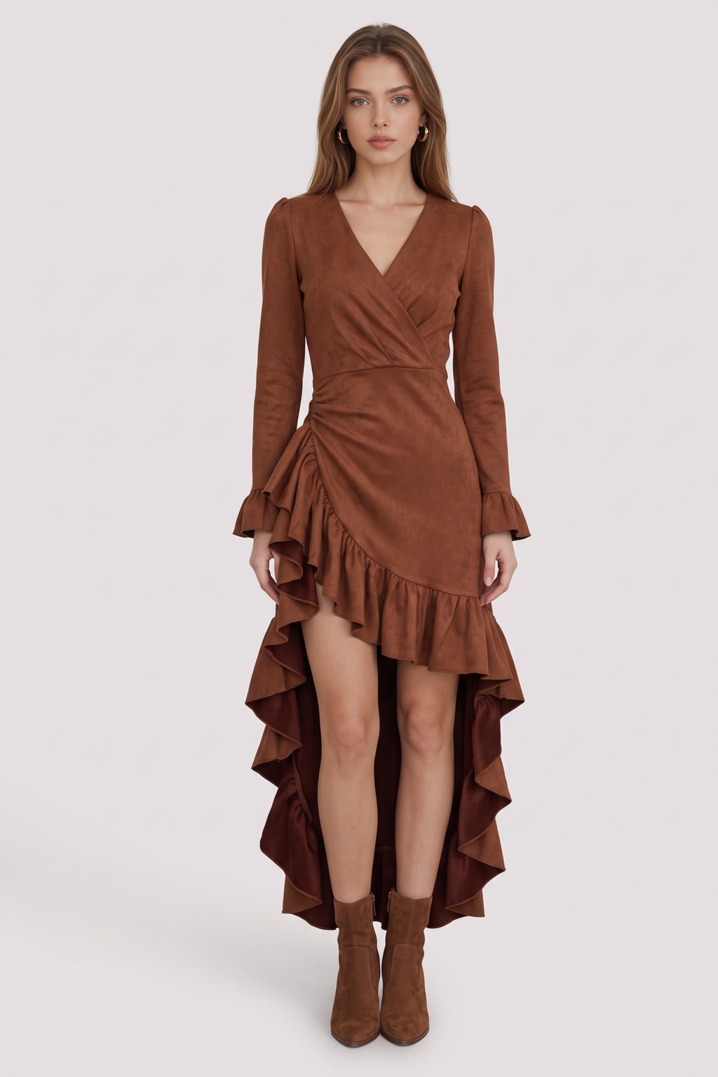 Wrap Dress Brown Boho Chic Ruffled Hem - 2