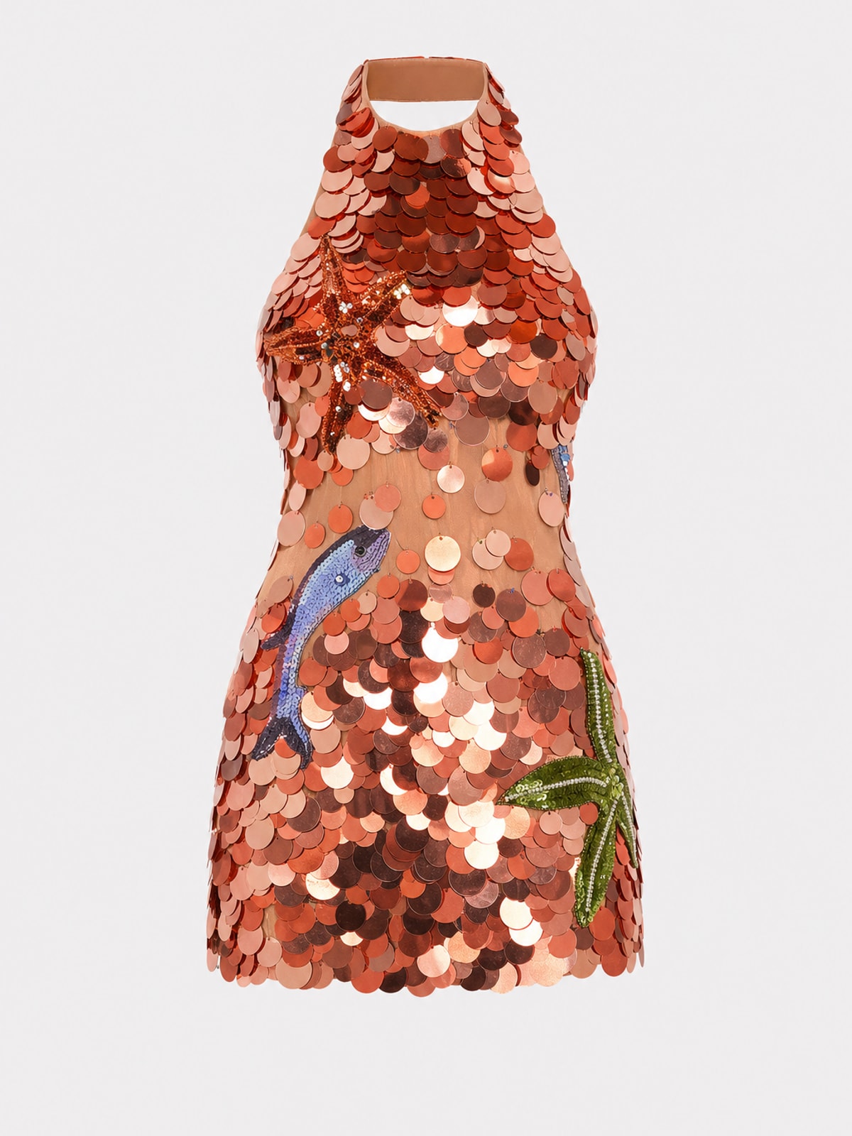 Red Sequin Halter Mini Dress With Open Back - 1