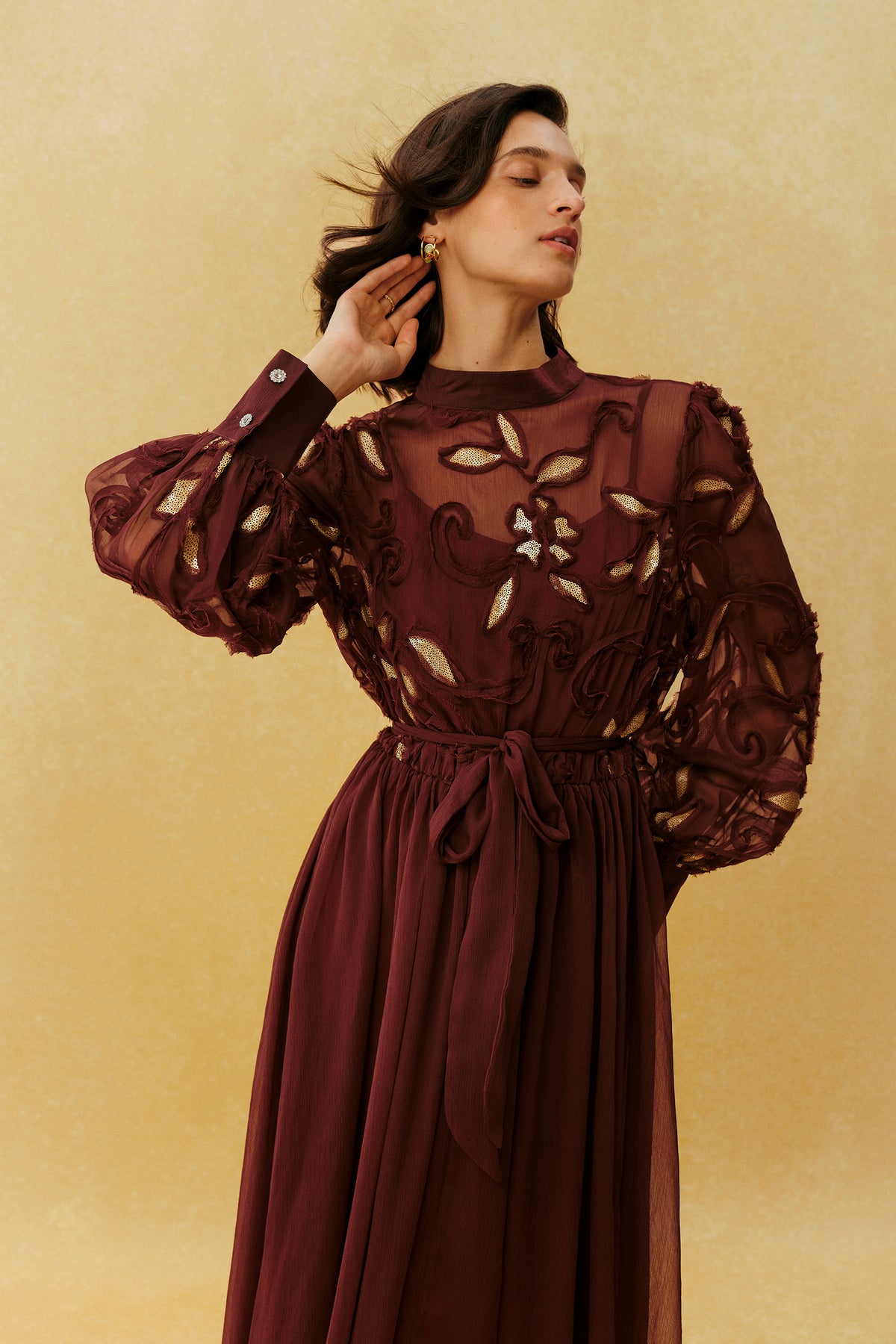 Floral Embroidery Maxi Dress Long Sleeve Tie-Waist Gown - 3