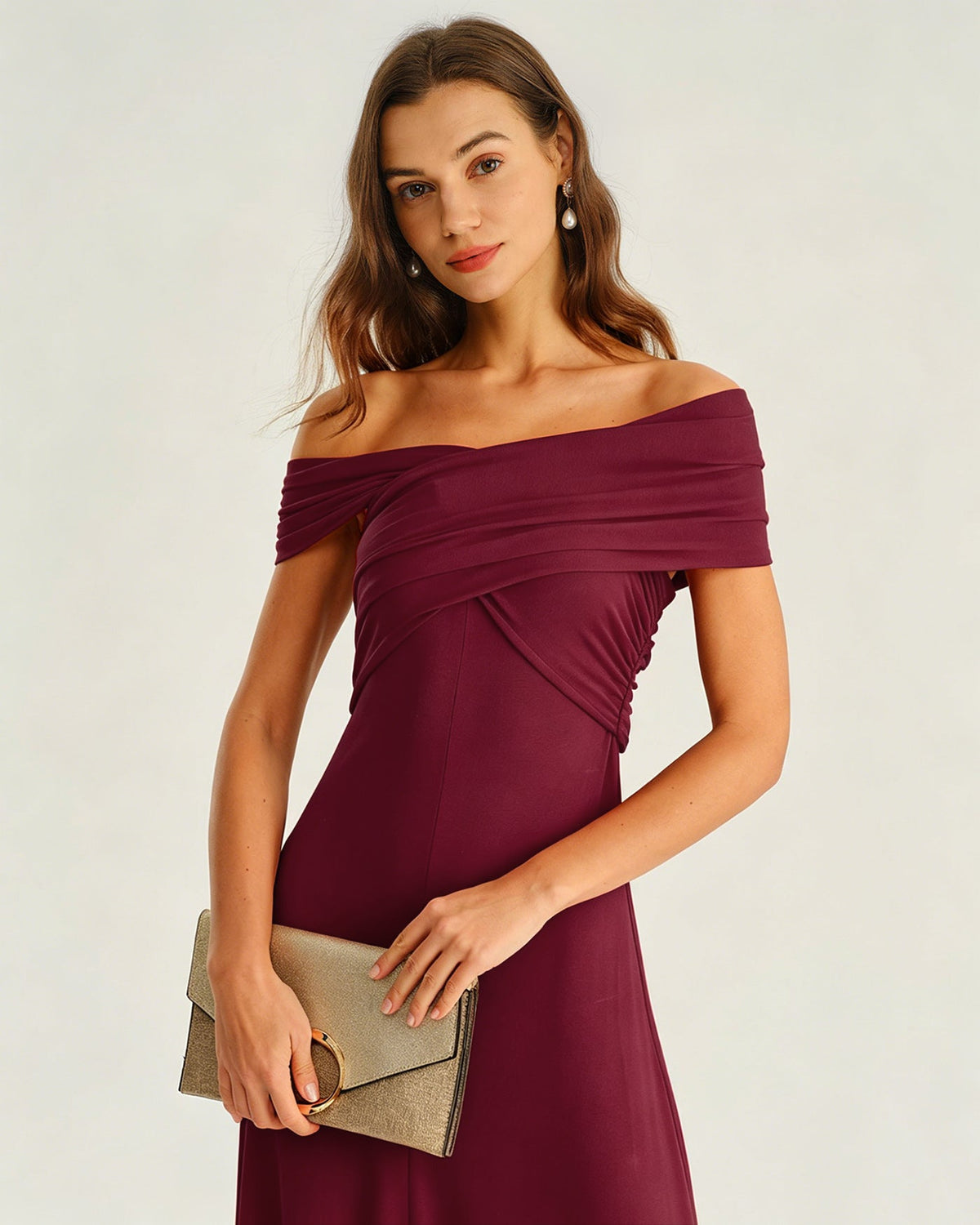 One Shoulder Ruched Midi Dress Wine Red A-Line - 3