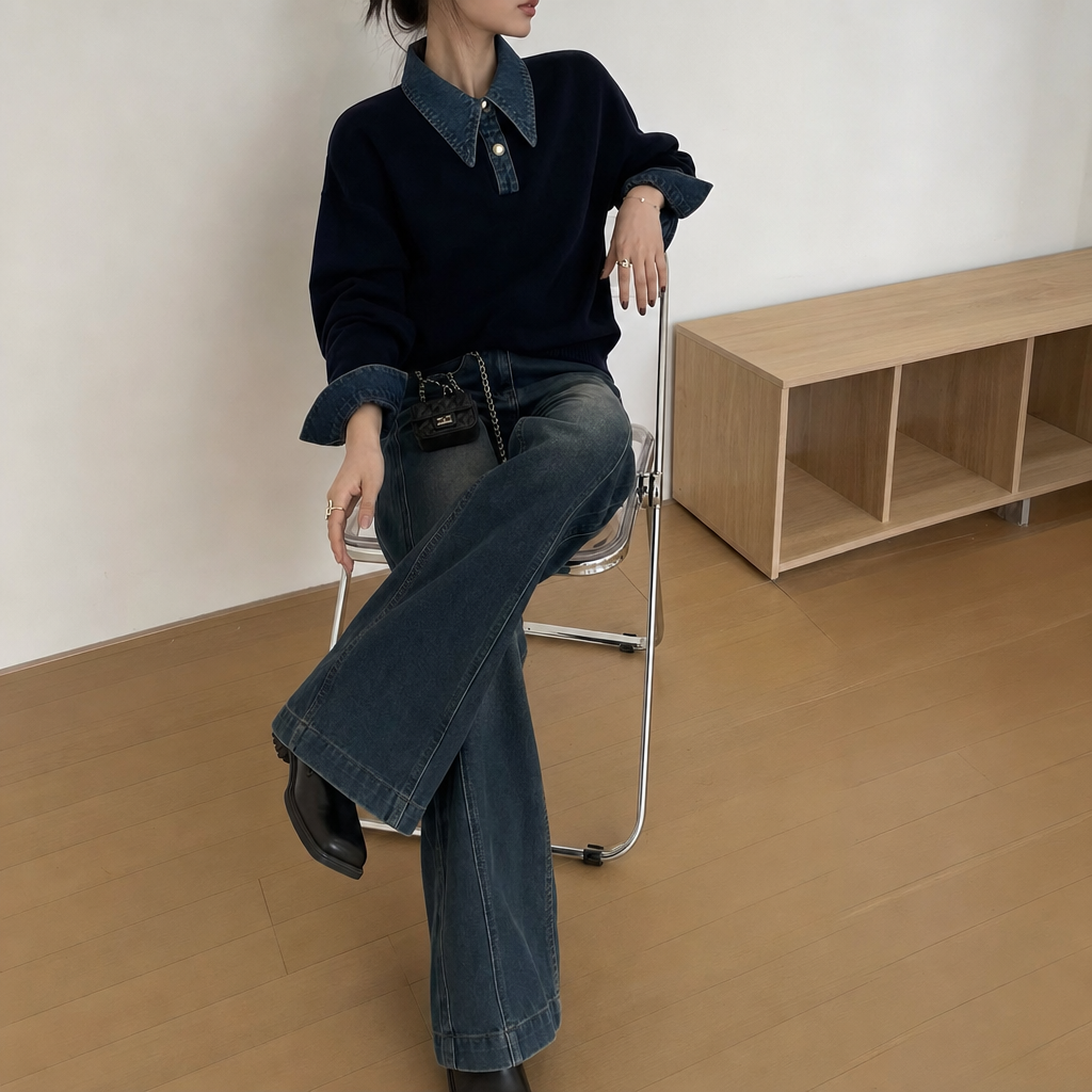 Knit Panel Lapel Relaxed Sweater - 4