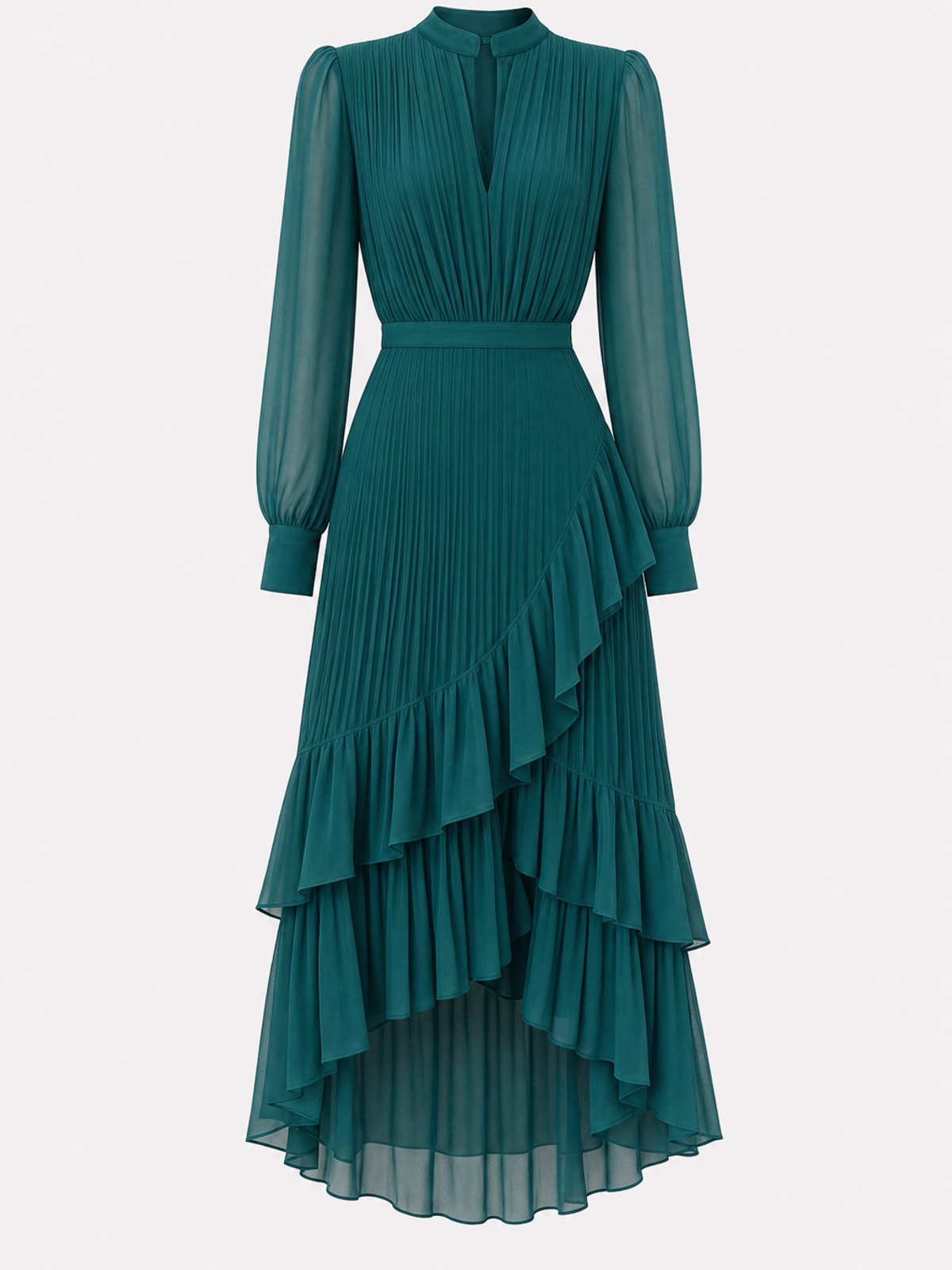 Elegant Polyester Long Sleeve Pleated Waist Midi Dress - 1