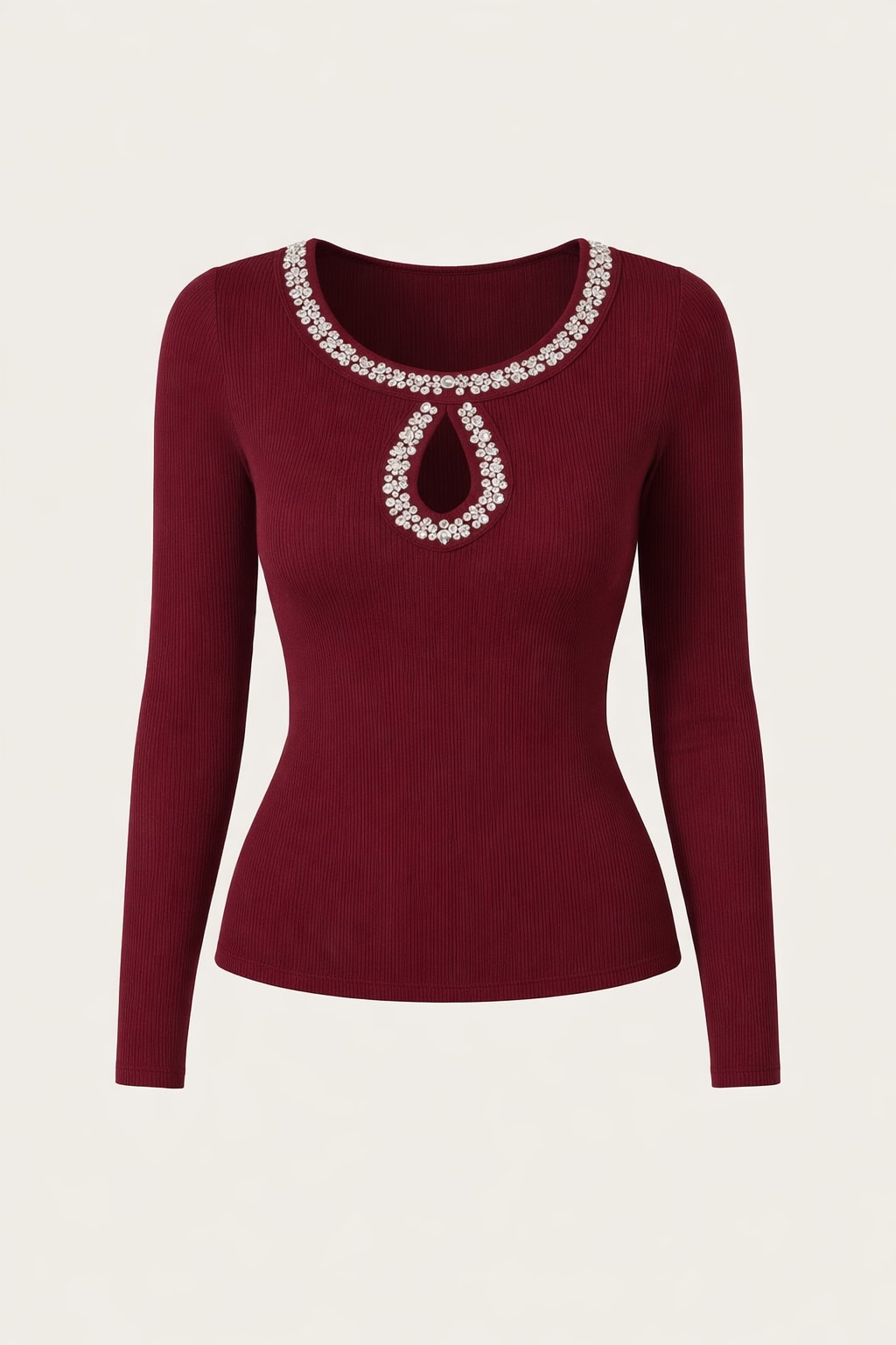 Ribbed Polyester Long Sleeve Top With Rhinestone Neckline - 1