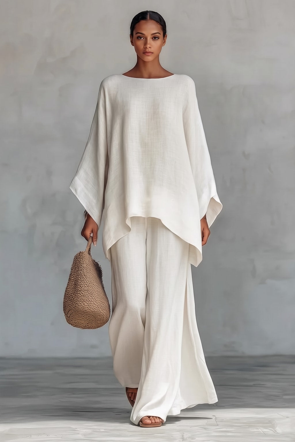 Asymmetric Top Two-Piece Set With Flowing Pants - 2