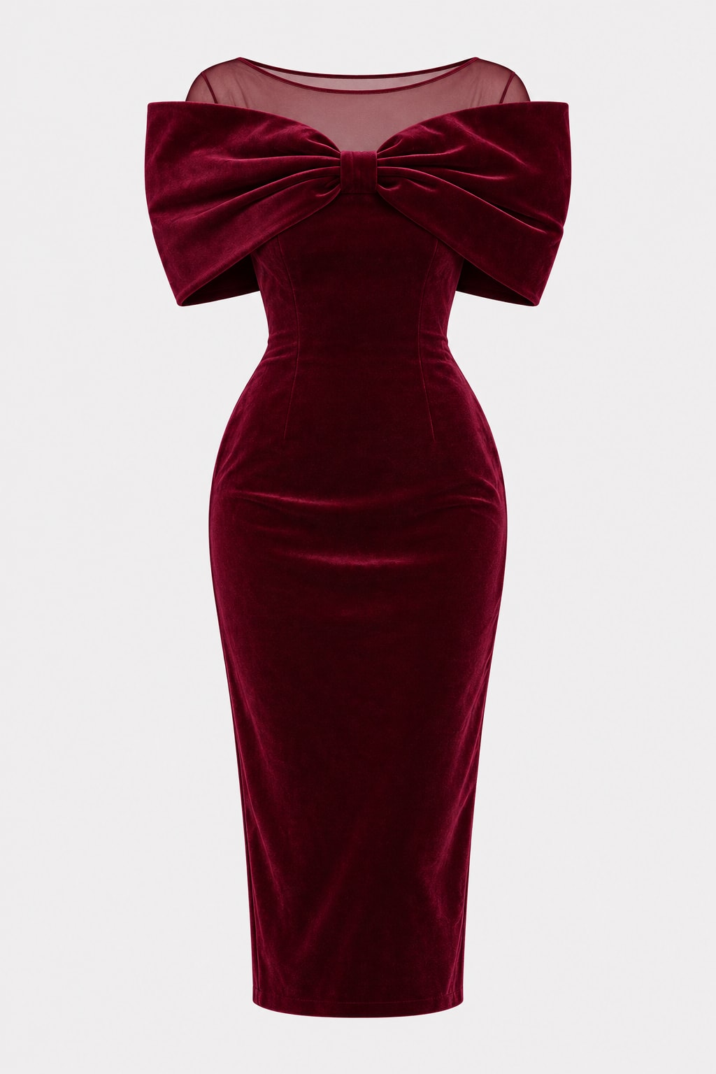 Velvet Midi Dress Wide Neck Bow - 1