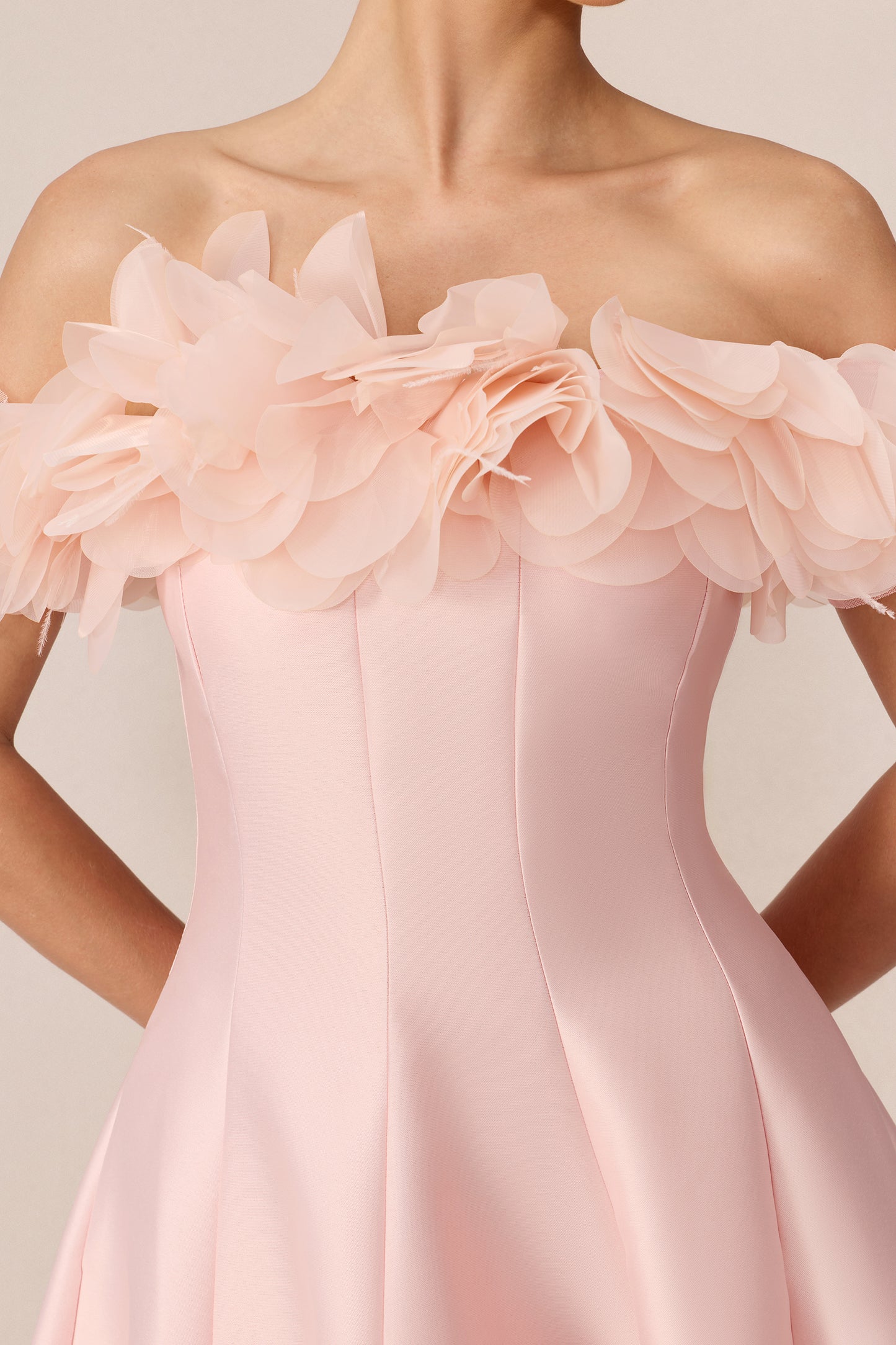 Pink satin off-shoulder maxi dress with floral trim - view 6