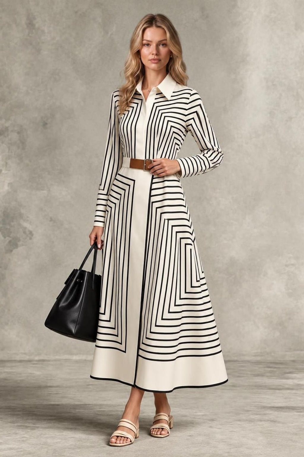 Printed Long Sleeve Maxi Dress With Turn-Down Collar - 2