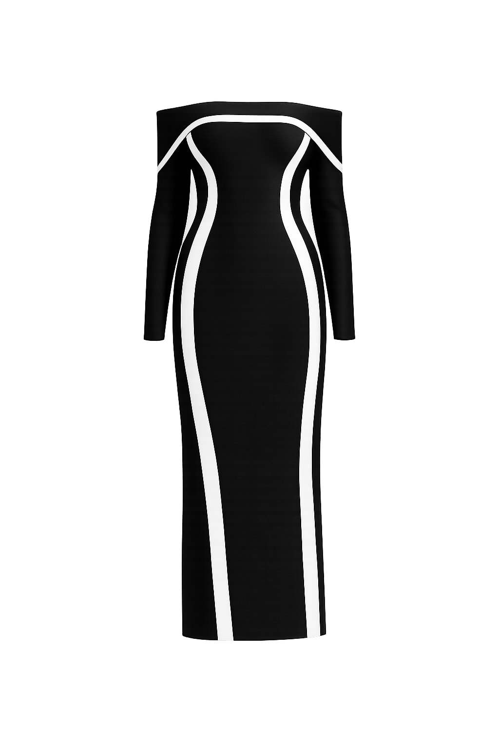 Bandage Long Dress with Off-Shoulder Cut and Contrast Panels - 1
