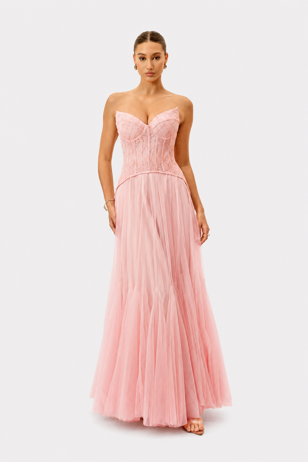 Pink Lace Bustier Maxi Dress With Flowy Organza Skirt - 6