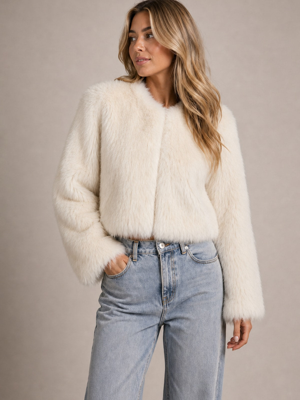 Faux Fur Jacket for Women Cropped Relaxed Fit Winter Coat - 5