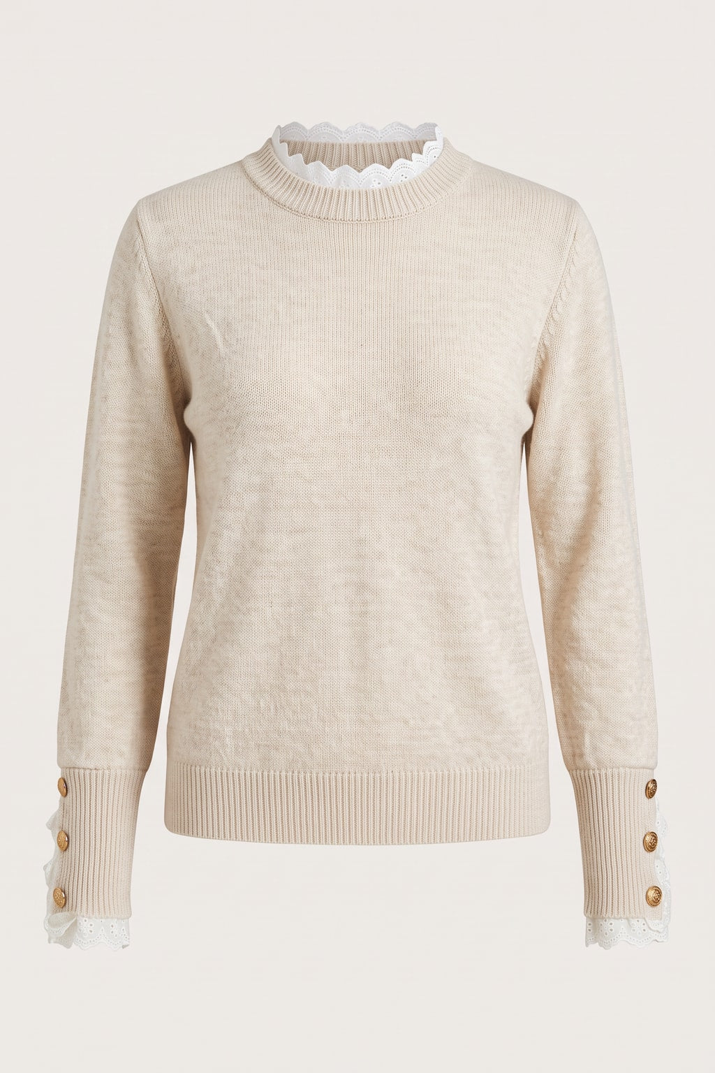Lace-Trim Knit Sweater With Button Cuffs - 1