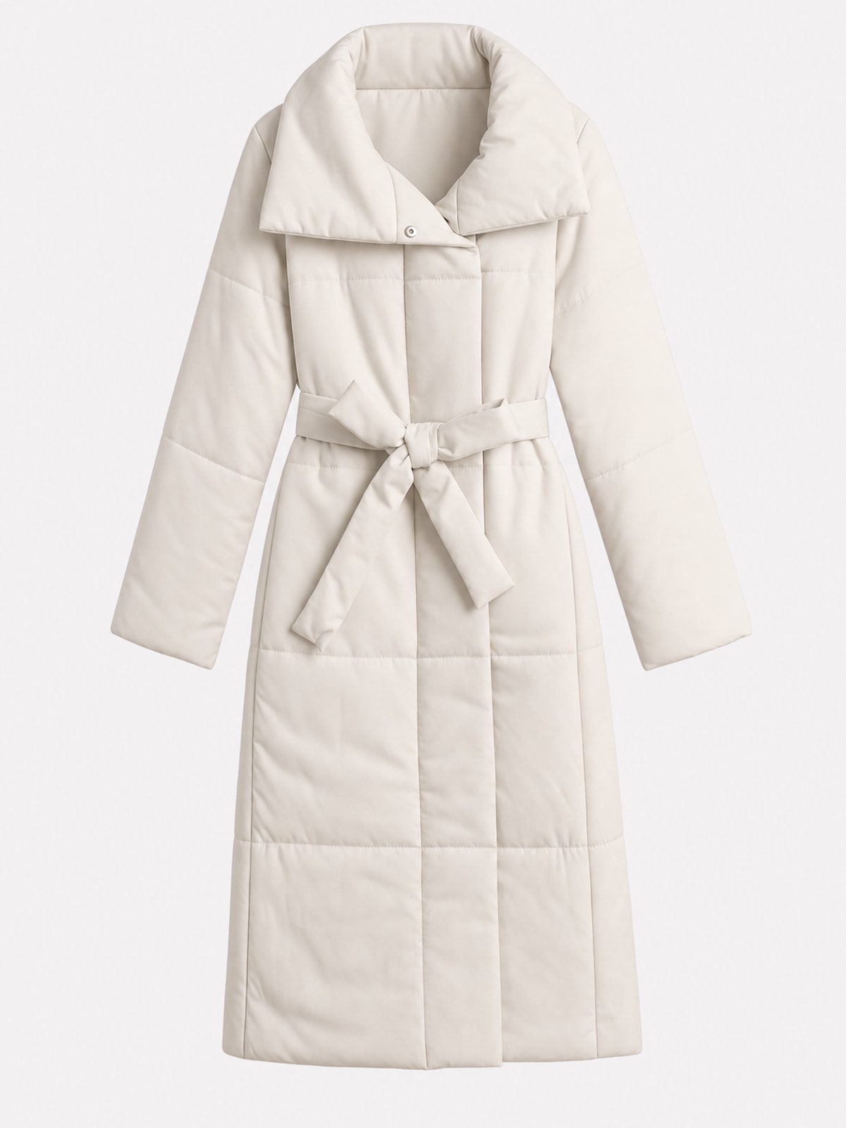 Warm Quilted Cotton Blend Long Coat With Belted Collar - 1