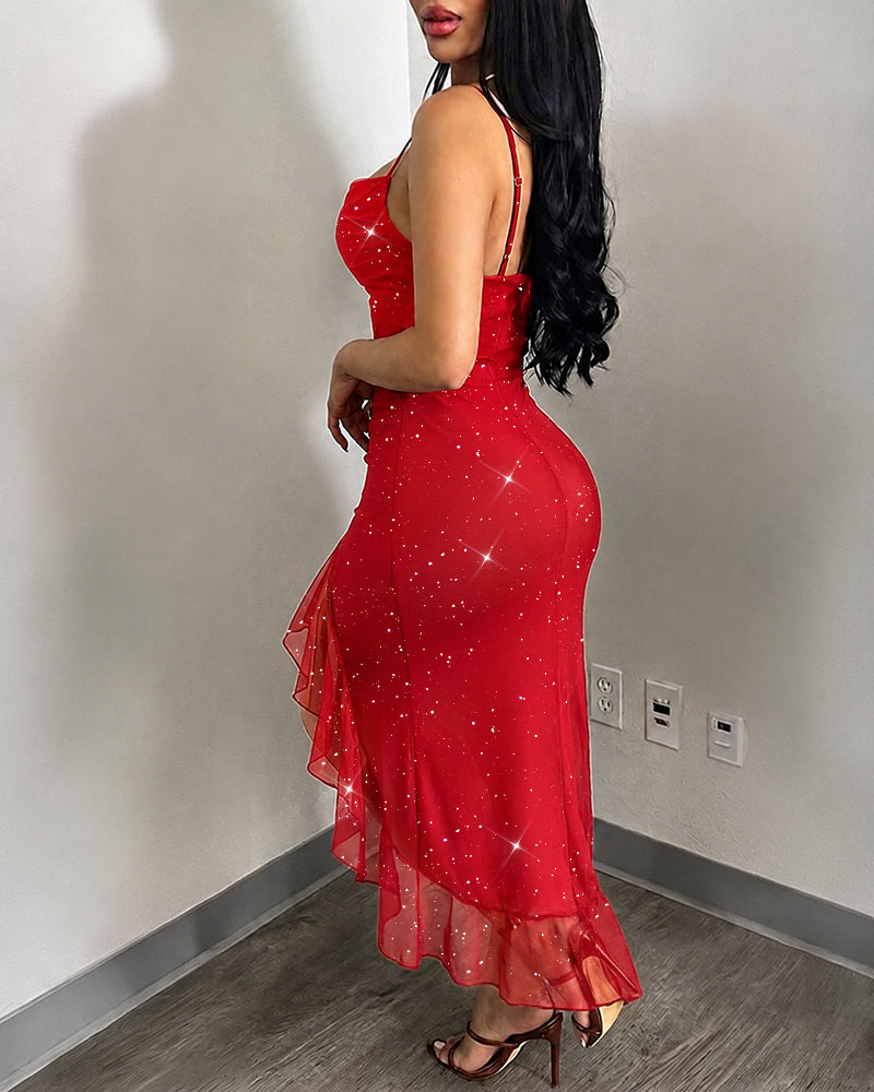 Red Glitter Mesh Mermaid Cami Dress - view 5