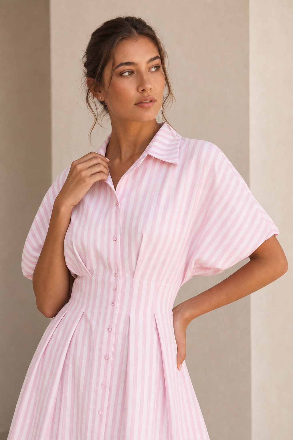 Striped Cotton Blend Shirt Dress, Cinched Waist - view 3