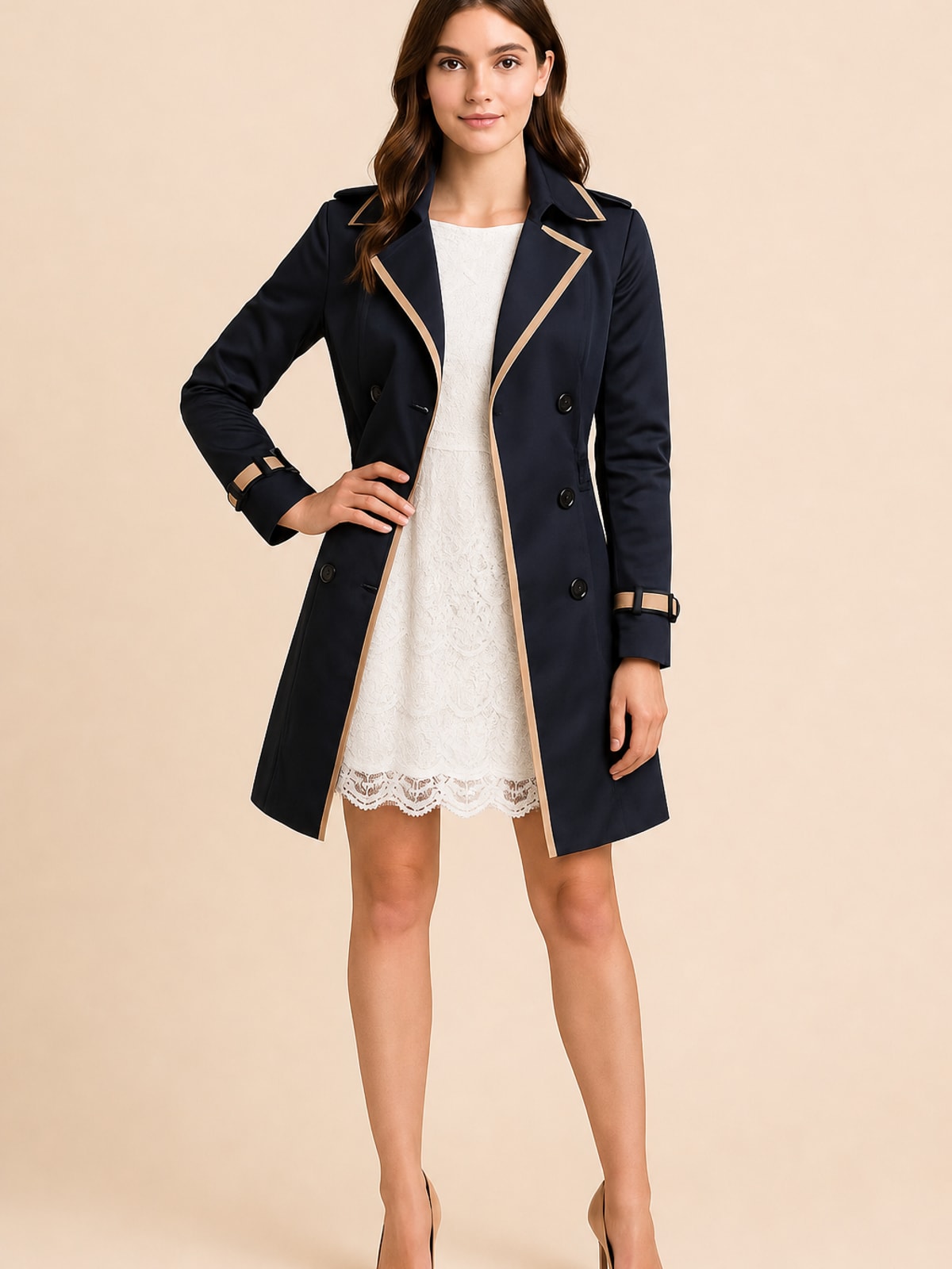 Elegant Polyester Blend Double Breasted Trench Coat - 3