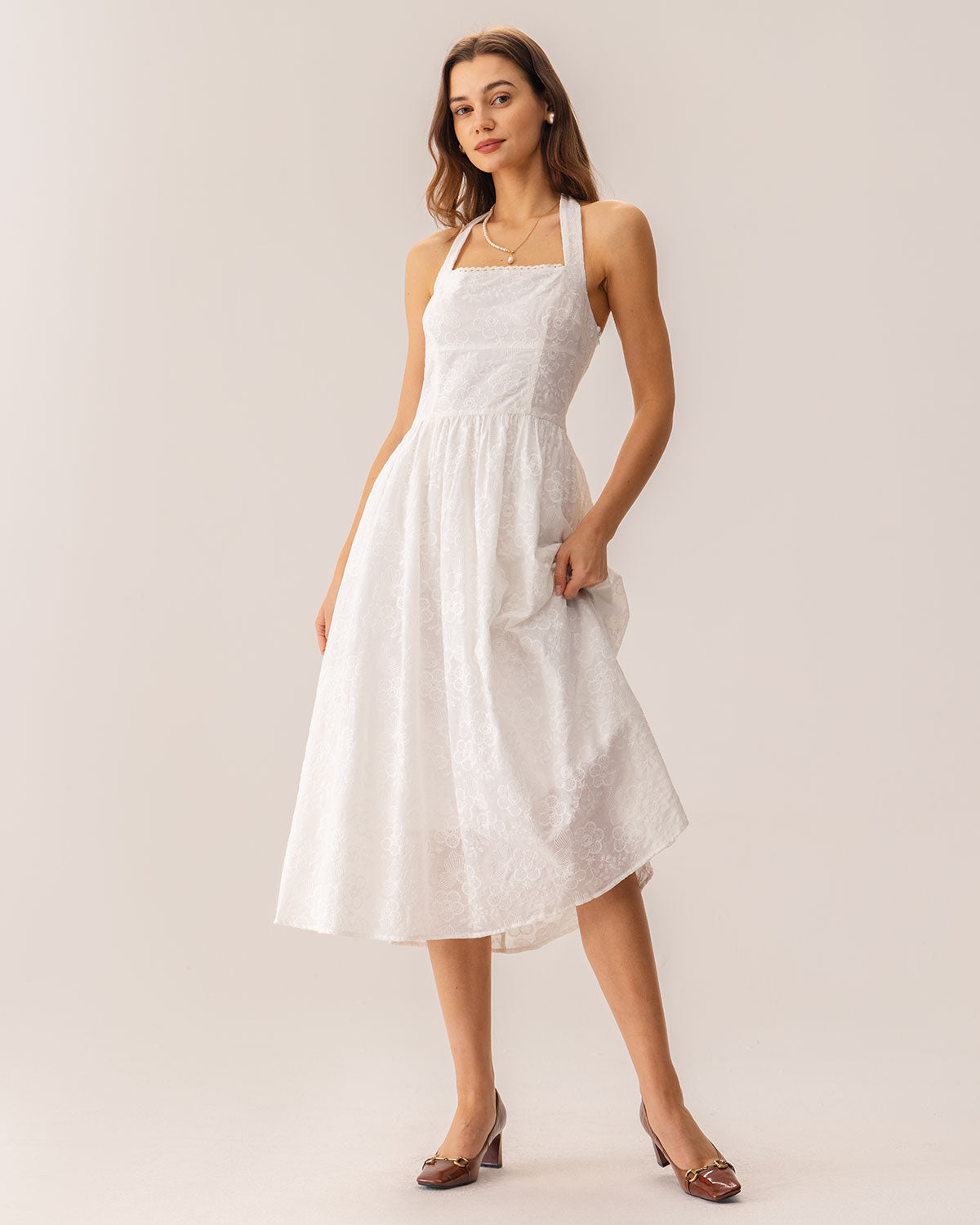 White Cotton Embroidered Halter Midi Dress - view 5