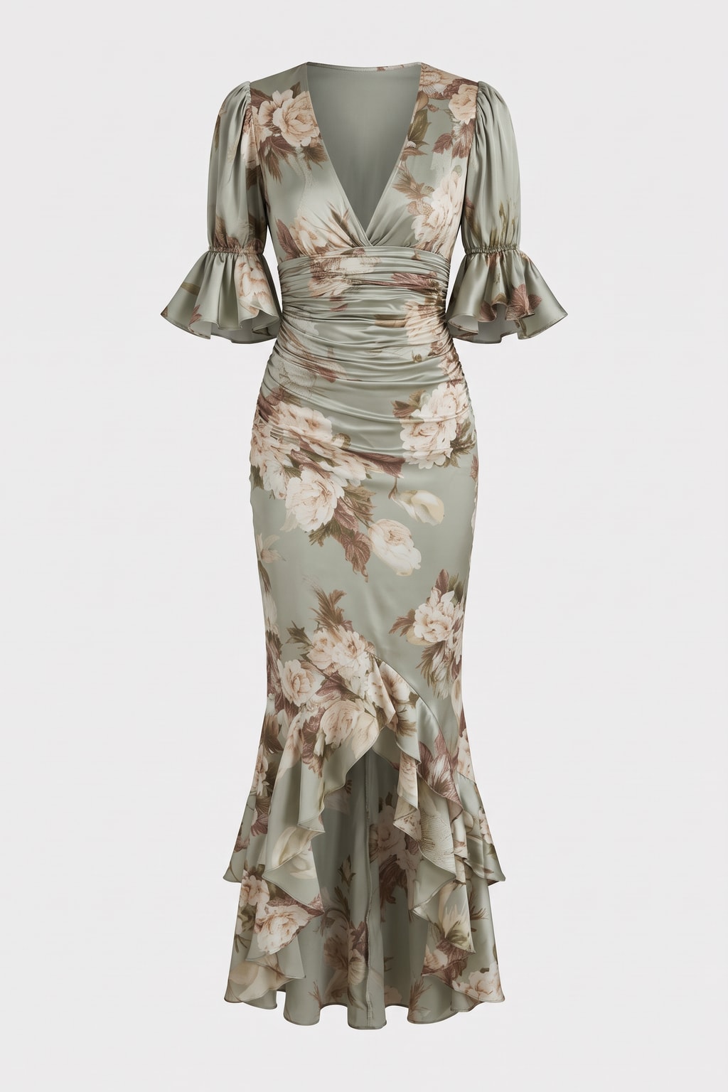 Satin Floral Maxi Dress With Fishtail Hem - 1