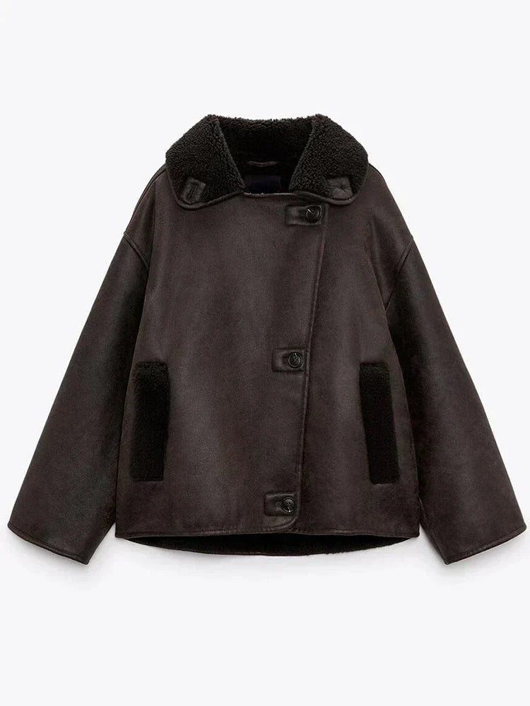 Brown Oversized Collarless Leather Jacket - view 8