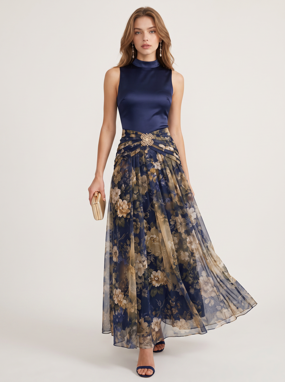 Navy Satin Maxi Dress With Tulle Hem - view 6