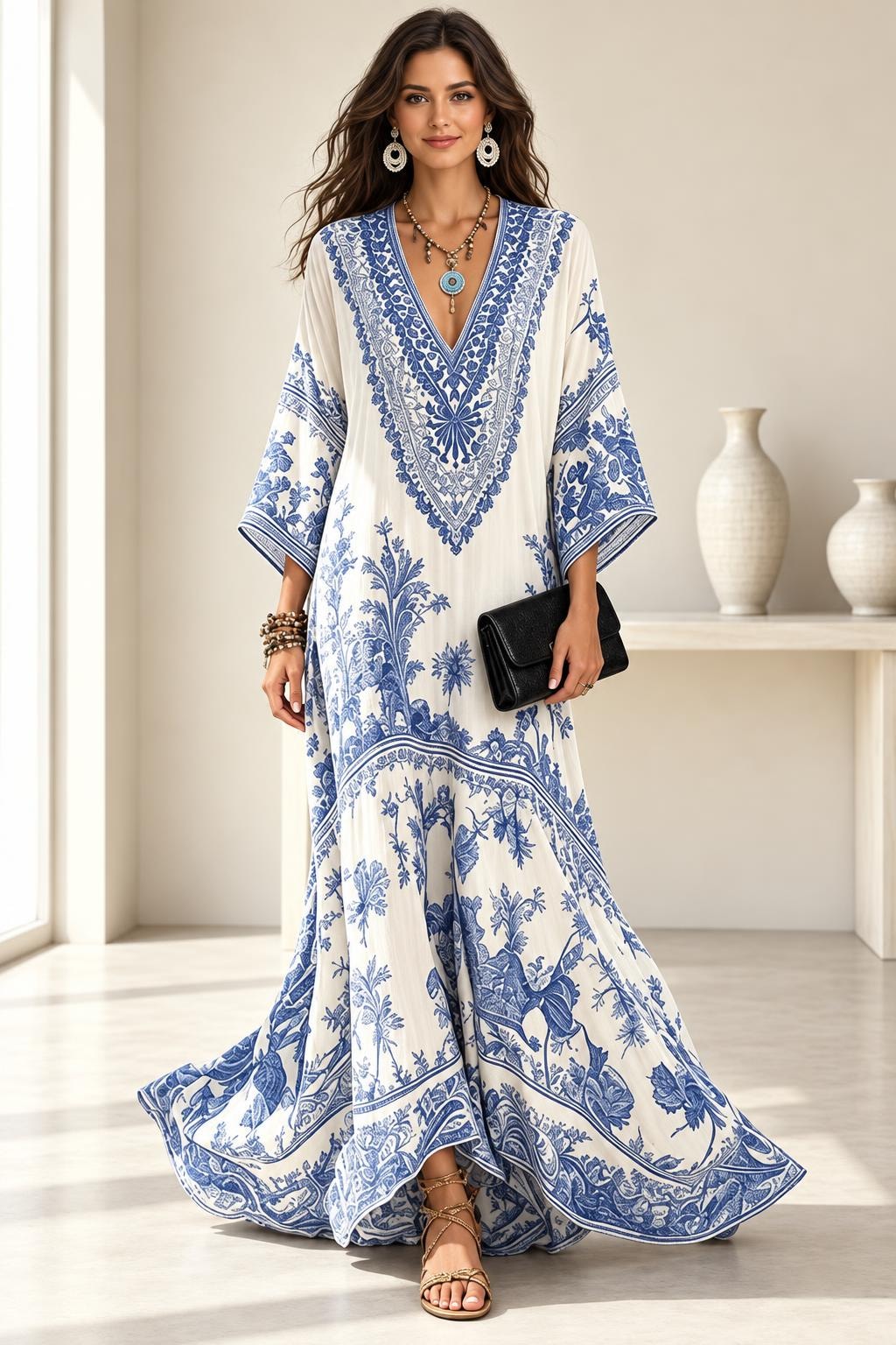 Polyester Maxi Dress With Wide Sleeves And V-Neck - 2