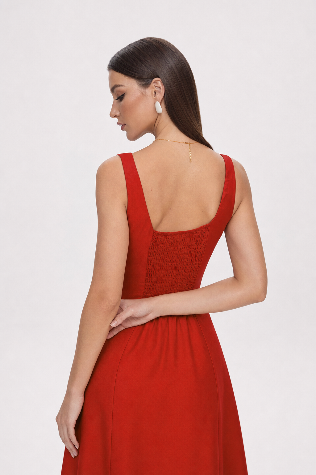 Red square neck maxi dress with button front - view 5