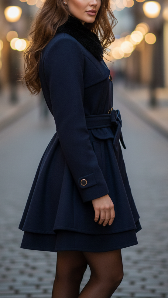 Navy Belted Coat With Faux Fur Collar - view 4