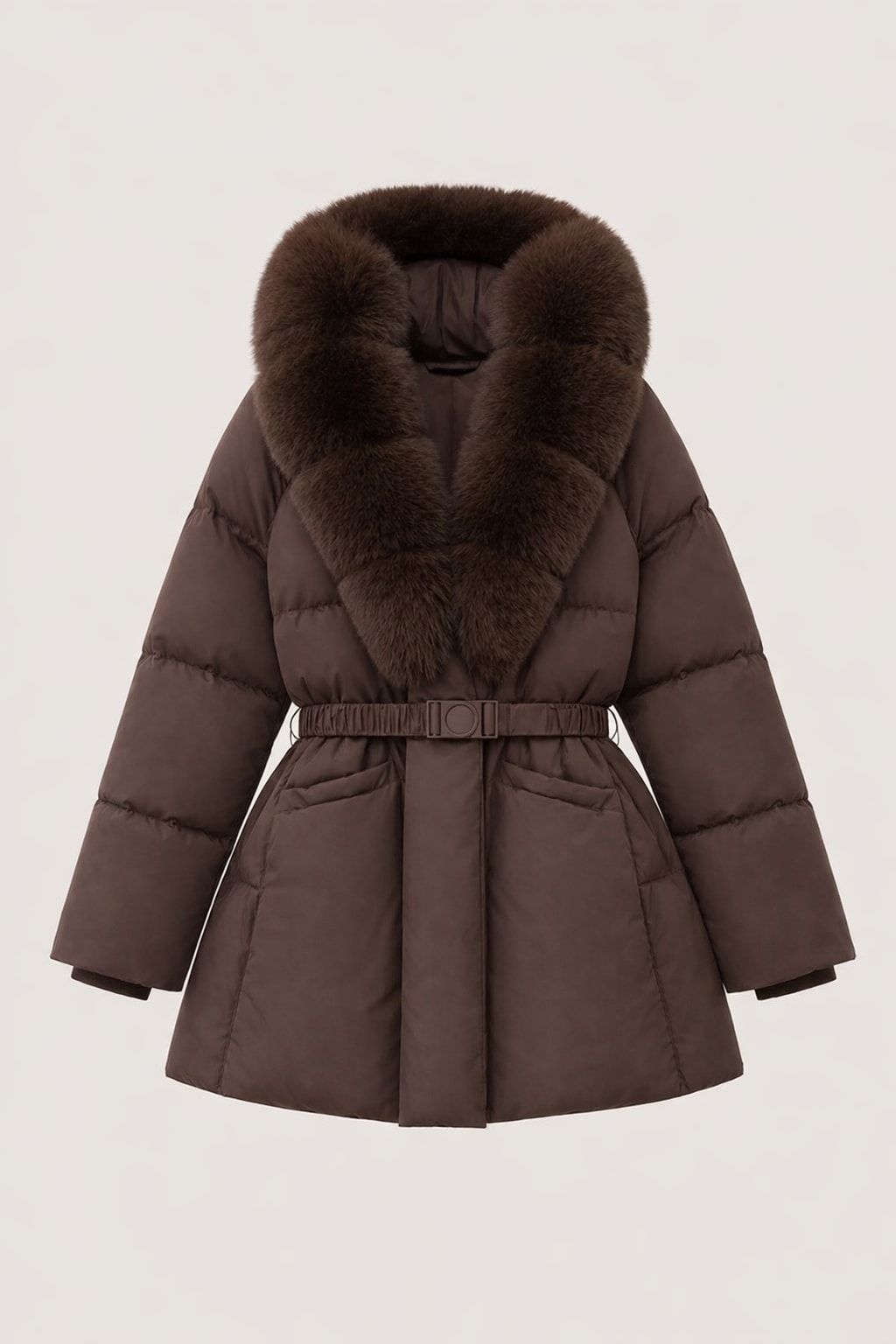 Cotton Mid-Length Jacket With Oversized Fur Collar - 1