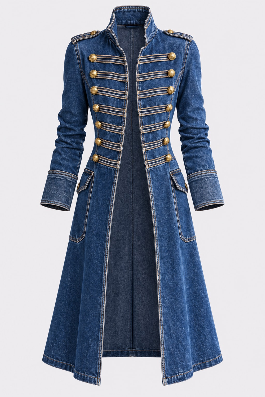 Denim Trench Coat Vintage Lapel Mid Length - 1