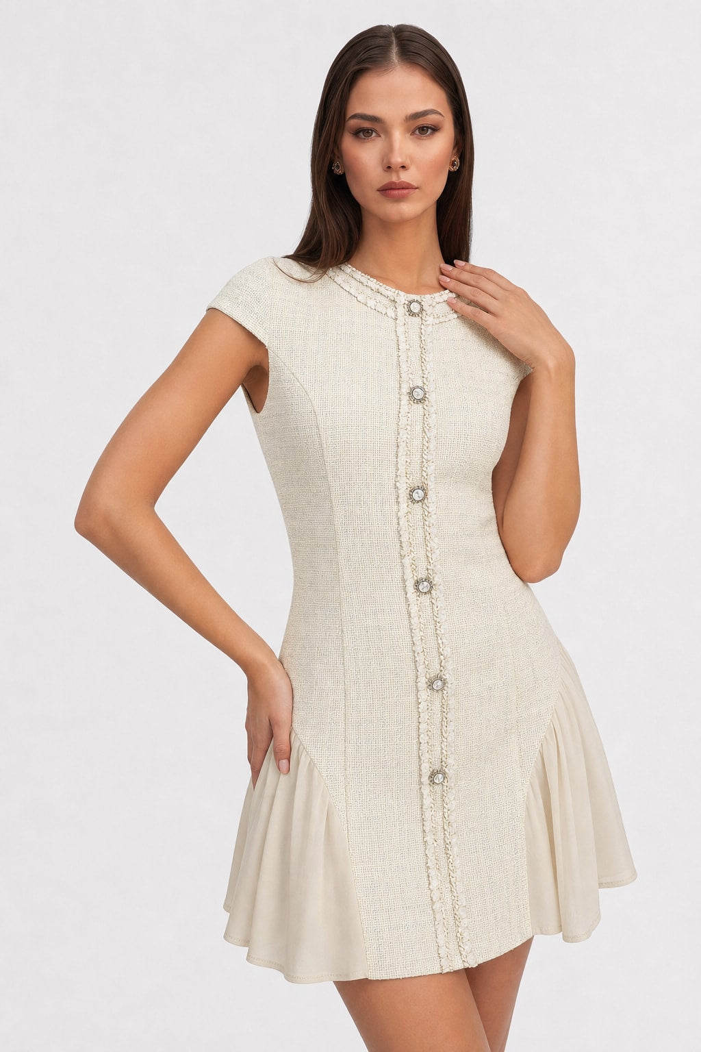 Textured Button-Sleeve Round Neck Mini Dress - 3