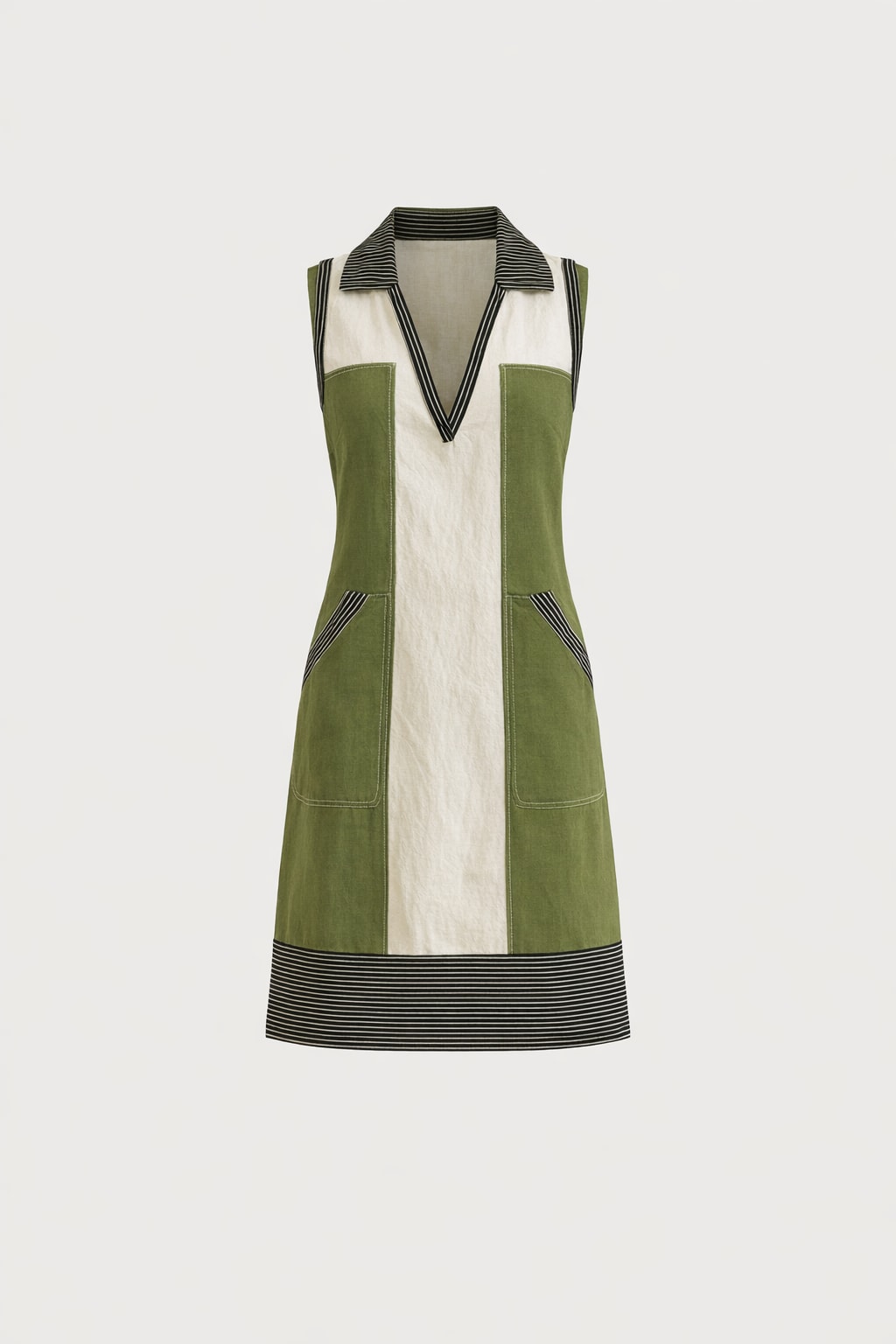 Linen Shirt Dress With Contrast Block Color And Striped Collar - 1