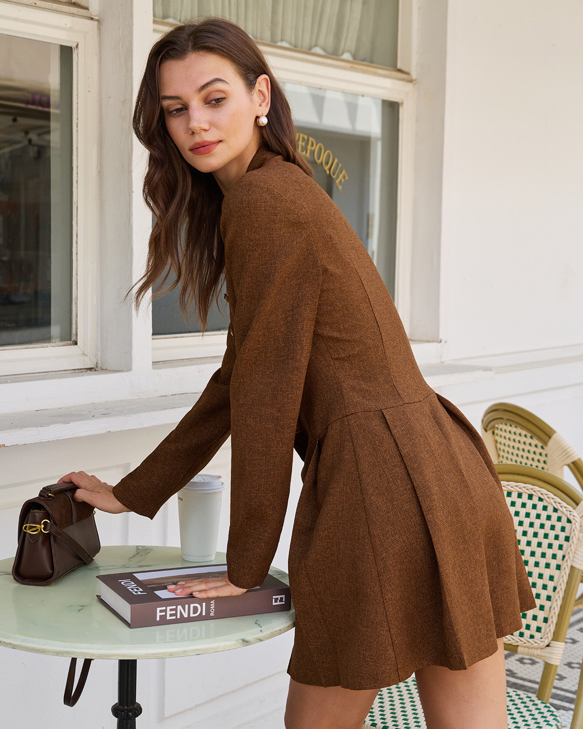 Brown ruched button A-line mini dress - view 5
