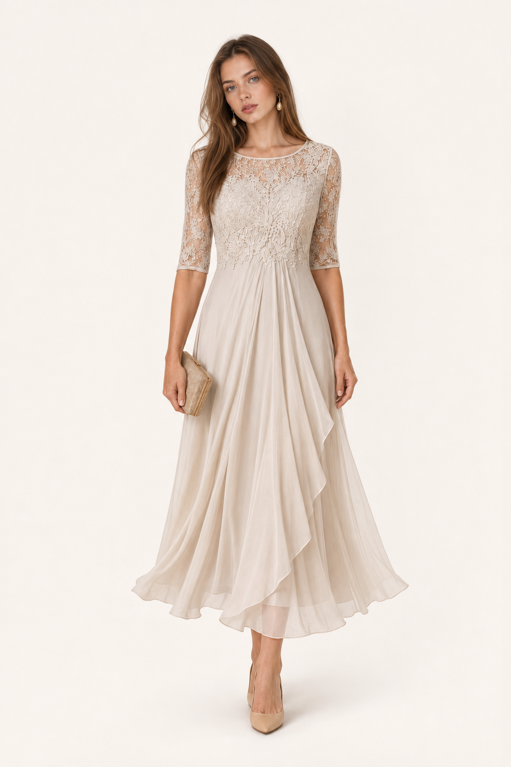 Lace Midi Dress With Sheer Sleeves - 4