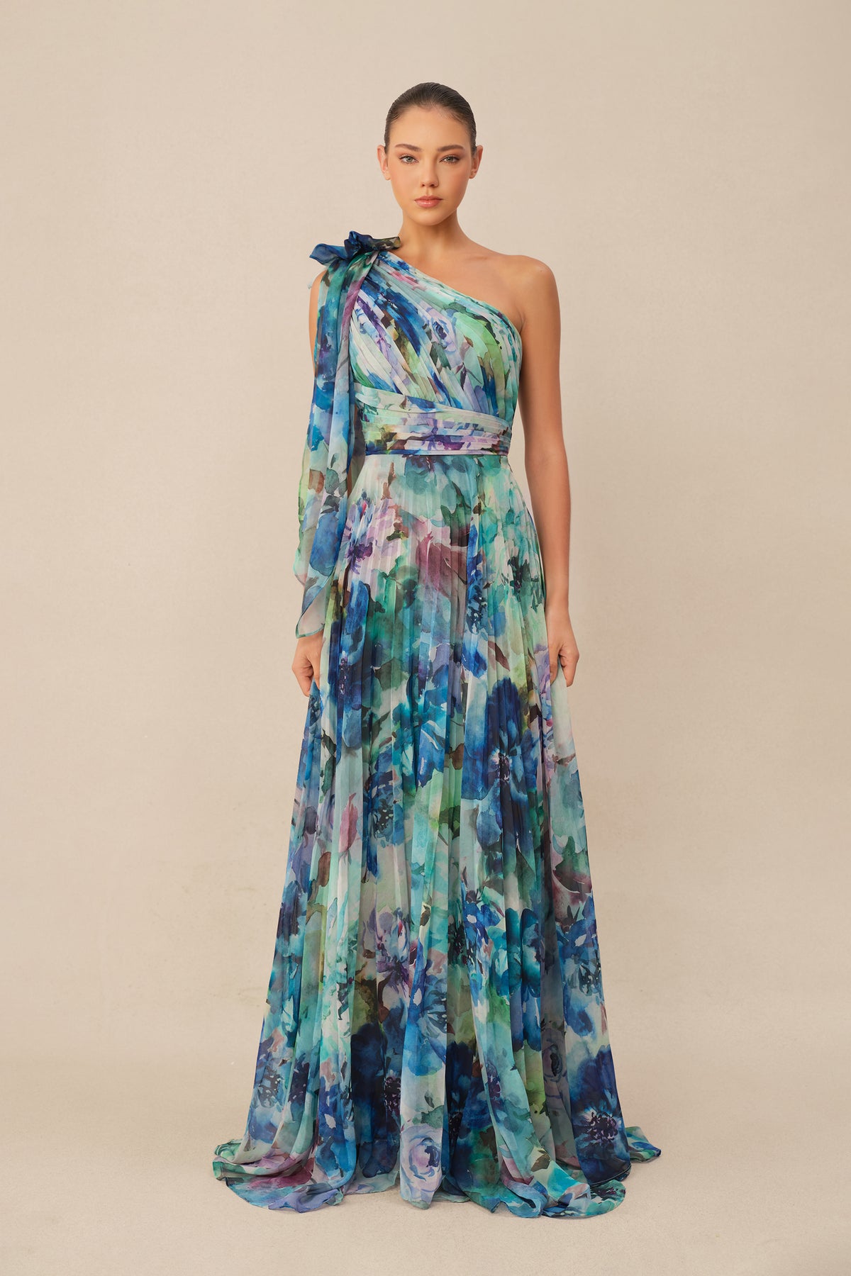 Chiffon One-Shoulder Pleated Maxi Dress - 6