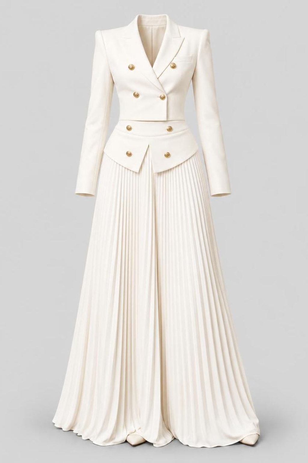 Polyester Cropped Blazer And Pleated Skirt Set - 1