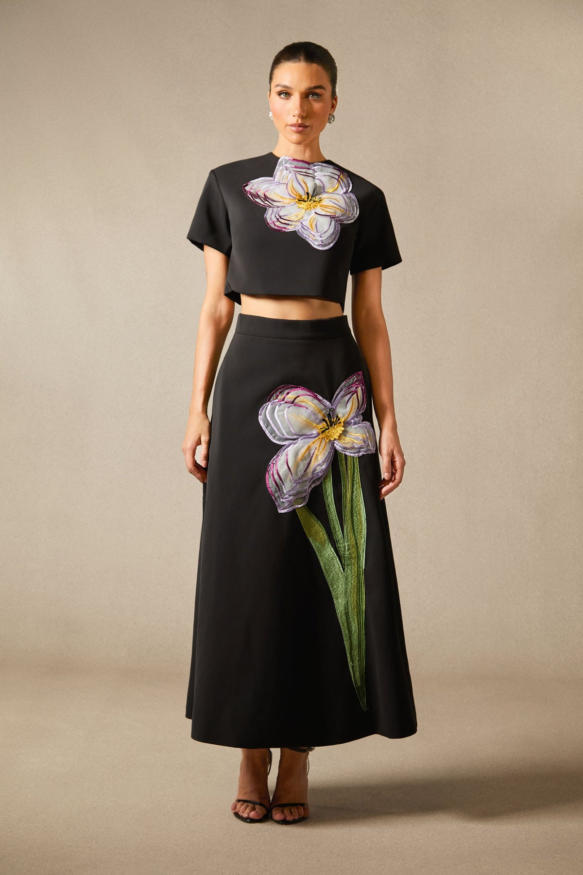 Terylene Floral Applique Top & Skirt Set - 6