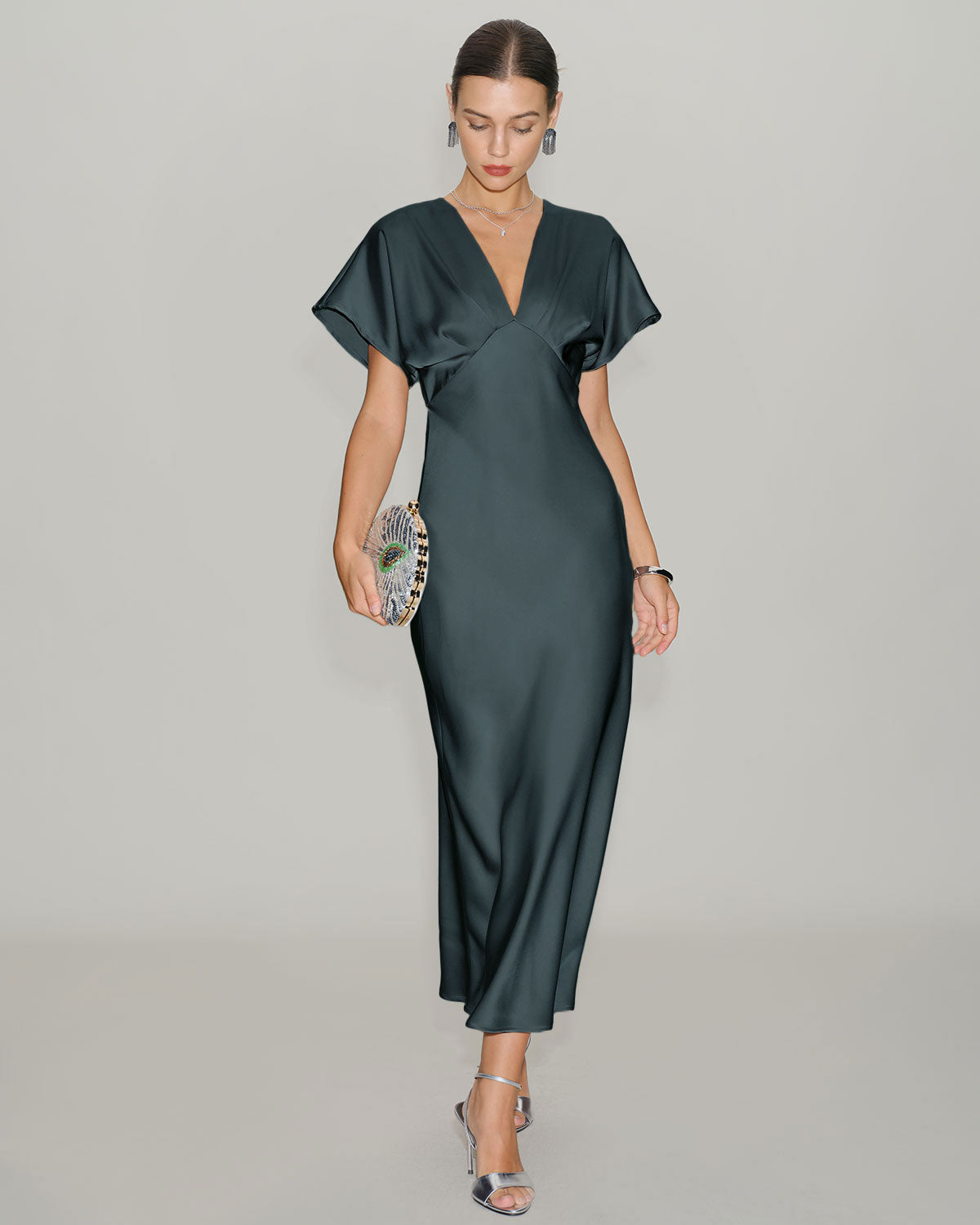 Grey green satin cowl sleeve midi dress - view 5