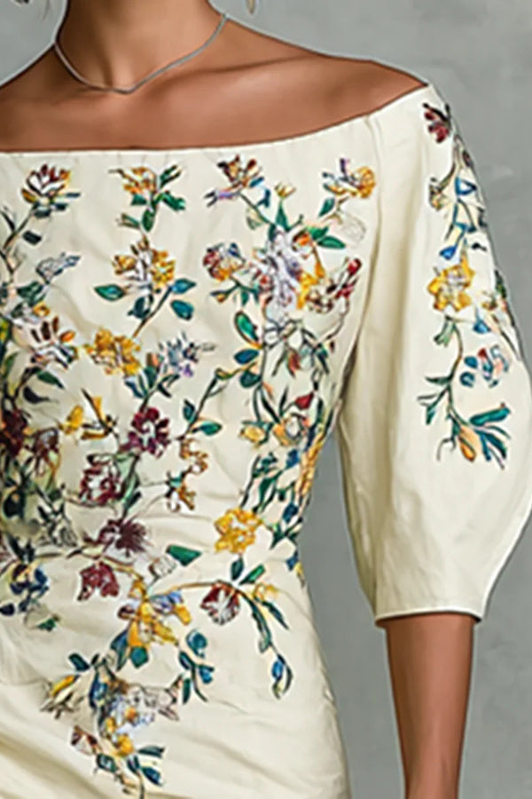Off-Shoulder Puff Sleeve Floral Midi Dress - view 4