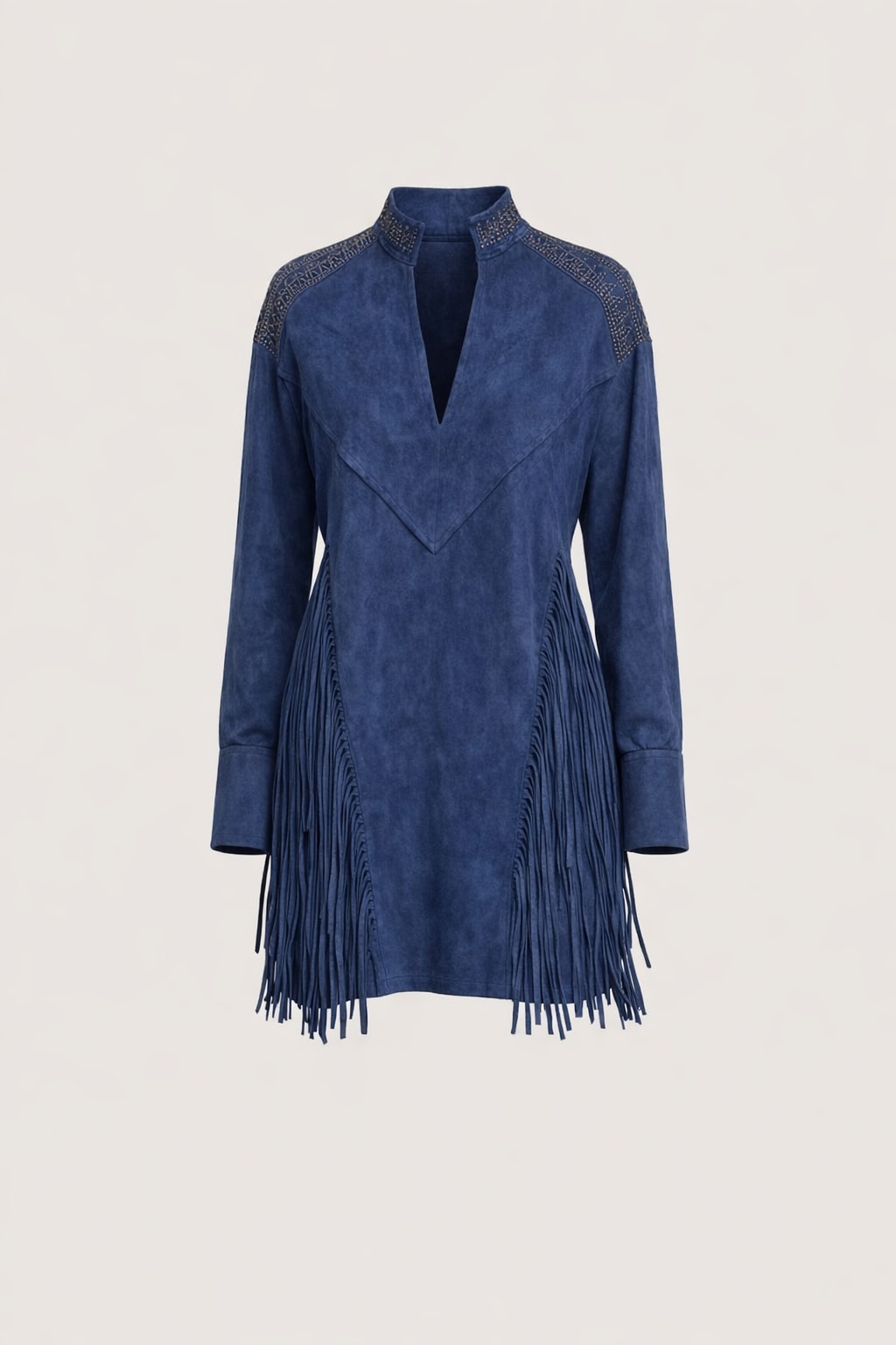 Suede Short Dress with Fringe and Puff Sleeves - 1