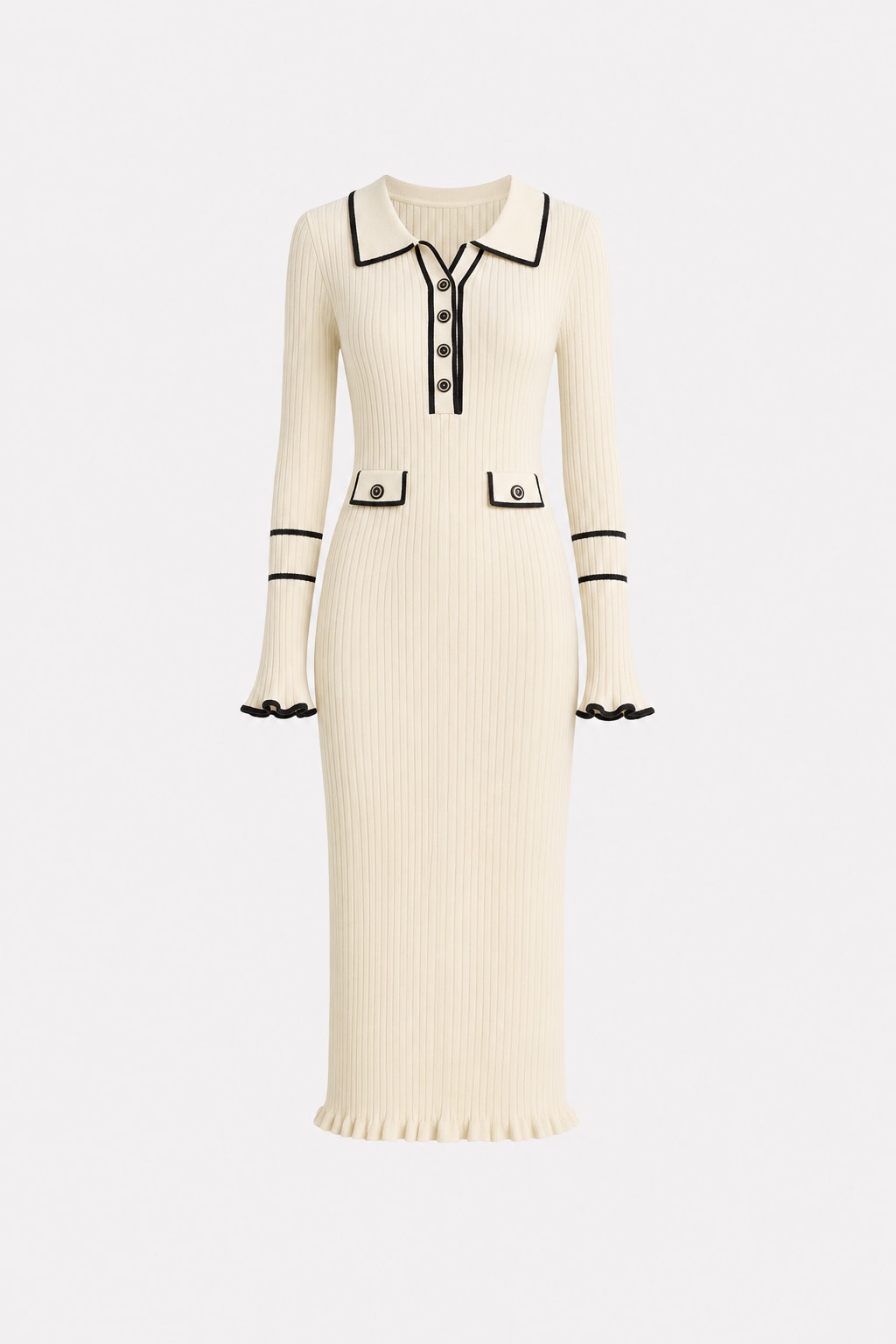 Ribbed Knit Contrast-Trim Sweater Dress - 1