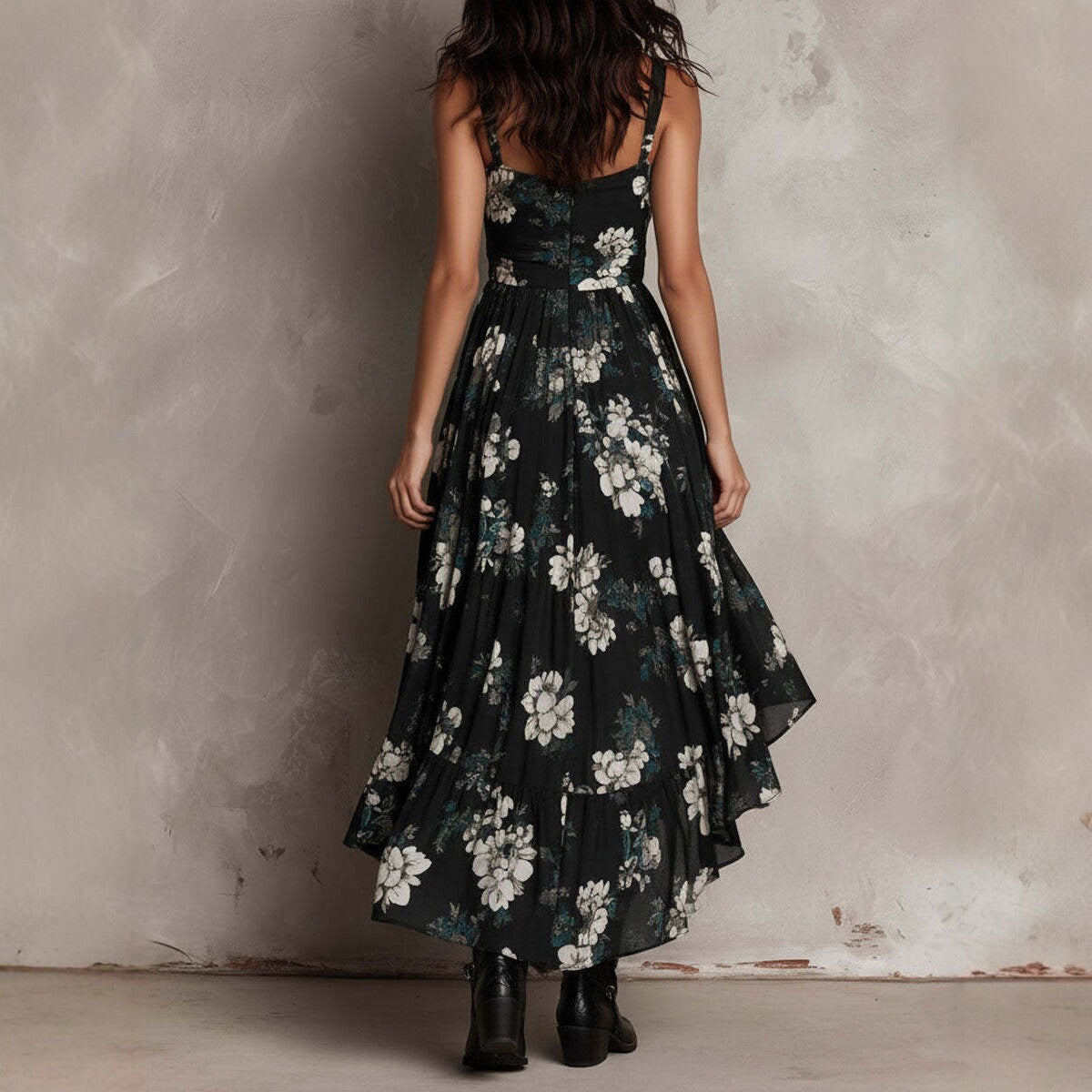 Black Floral Hi-Low Maxi Dress, Smocked Waist - view 4