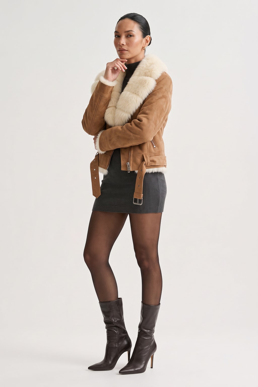 Suede Moto Jacket With Fur Collar - 2