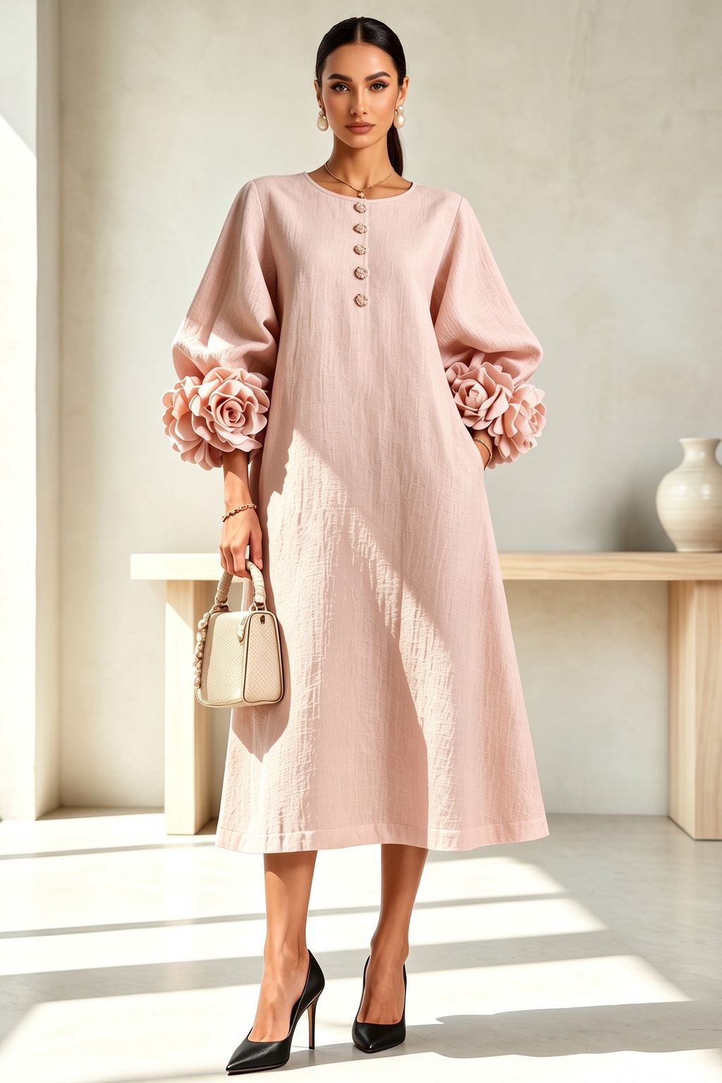 Linen Blend Midi Dress With Button-Down Front - 2