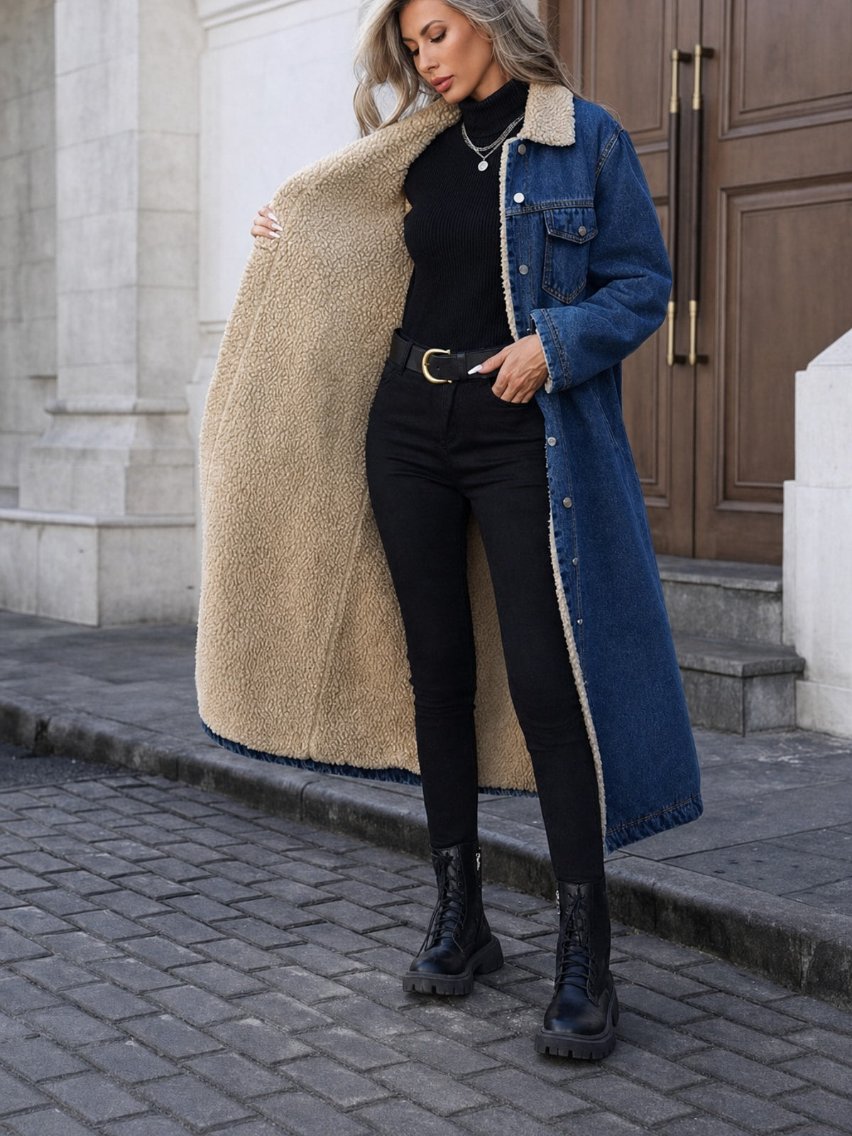 Classic Fleece Lined Long Coat with Button-Front Design - 5