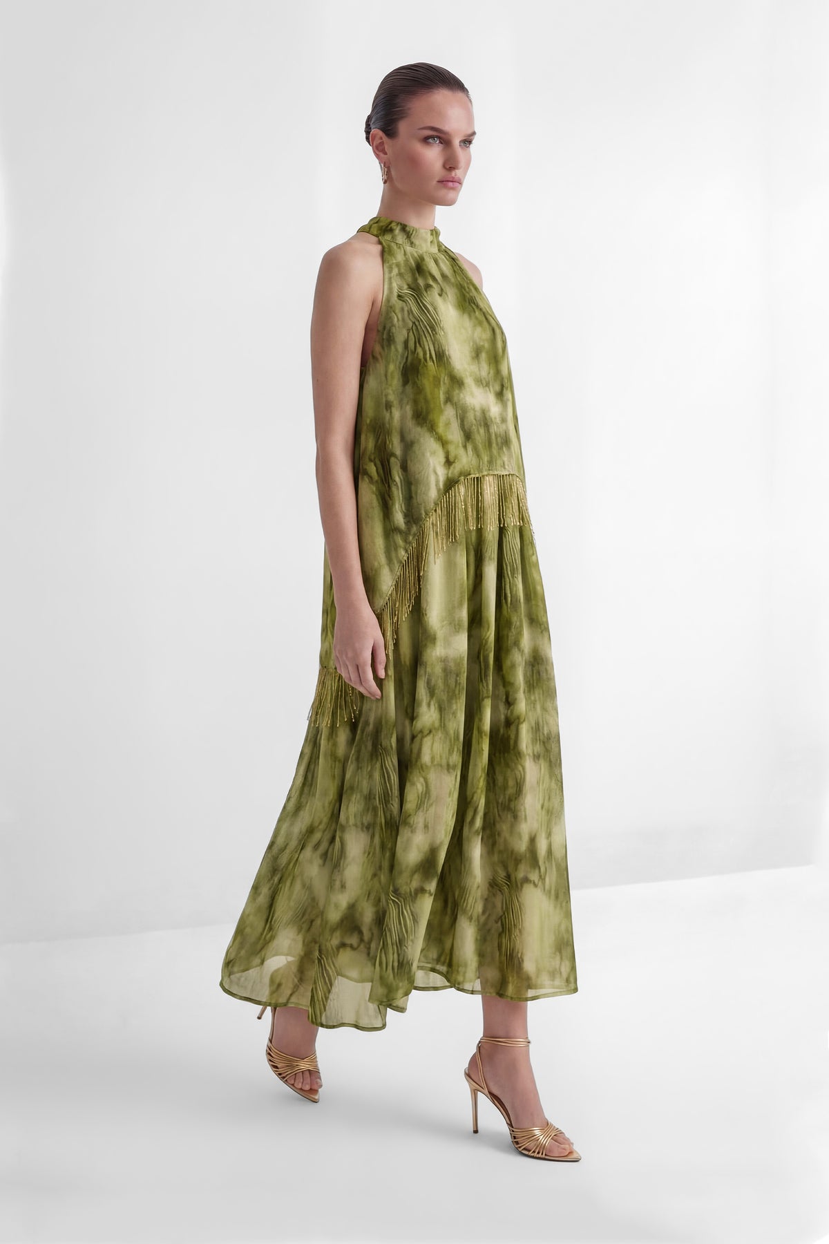 Green Tie-Dye Halter Maxi Dress with Fringe - view 5