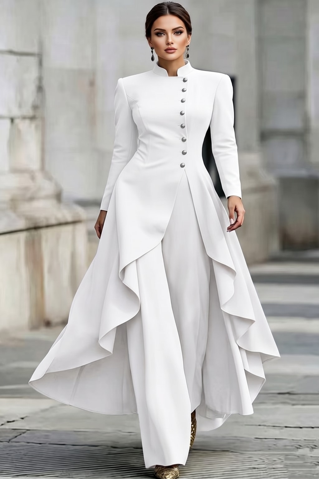 Polyester Two-Piece Set With High-Low Top And Wide-Leg Pants - 2