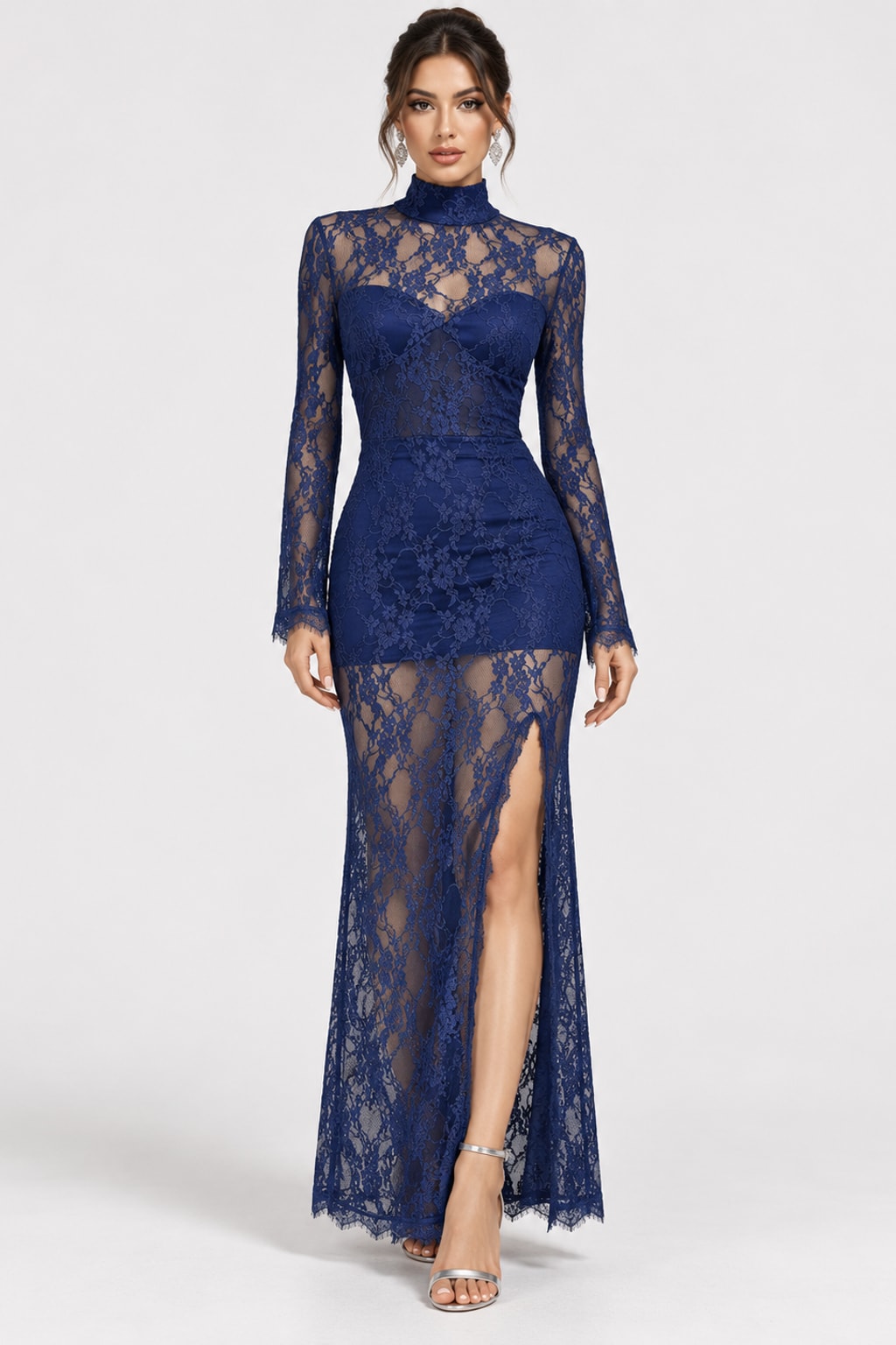 Women's Maxi Dress Mock Neck Floral Lace Slit - 2
