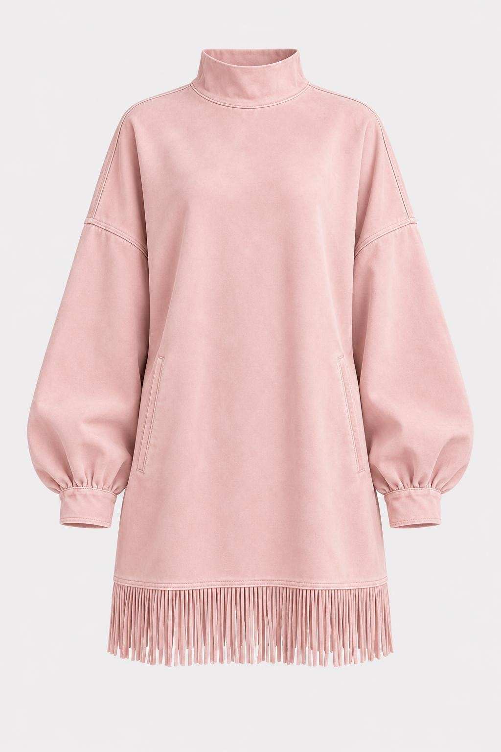 Tunic Dress With High Neck And Fringe Hem - 1