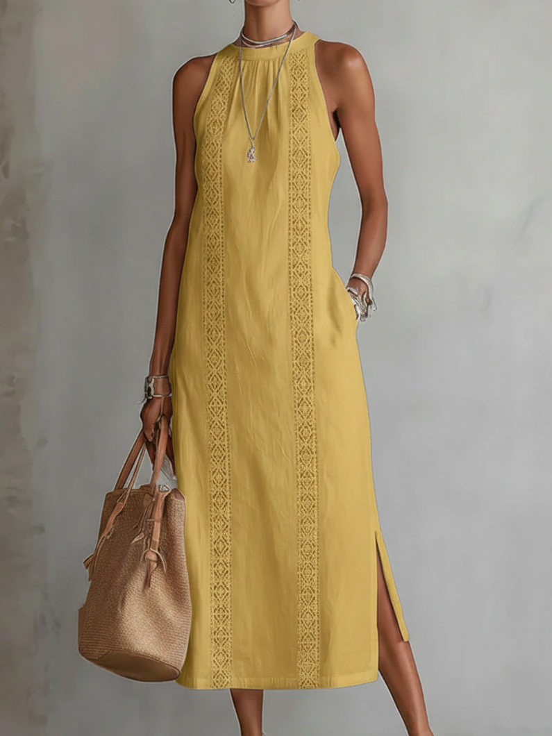 Linen-Blend Midi Dress With Mao Collar - 4