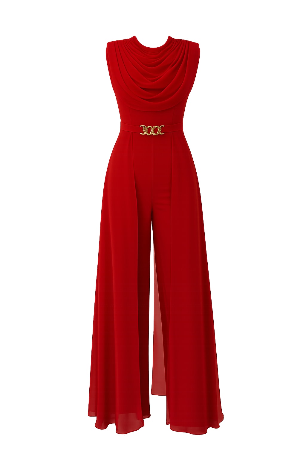 Polyester Wide Leg Jumpsuit With Cowl Neck Draped Overlay - 1