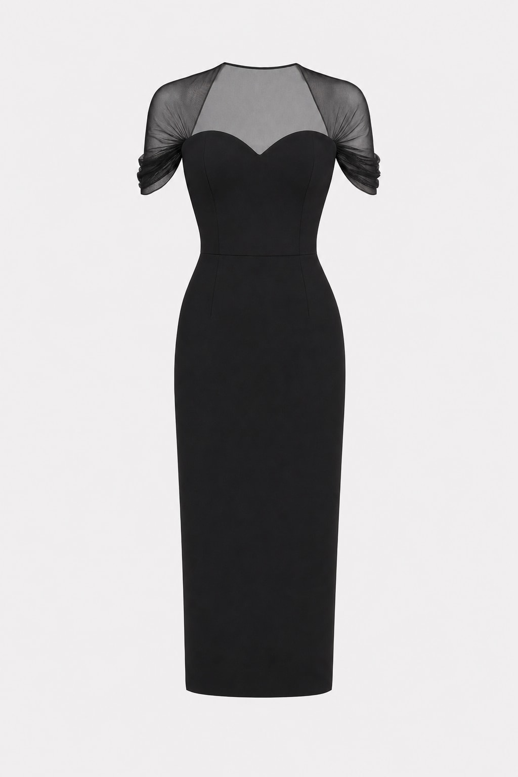 Black Mesh Sweetheart Neck Midi Dress - 1